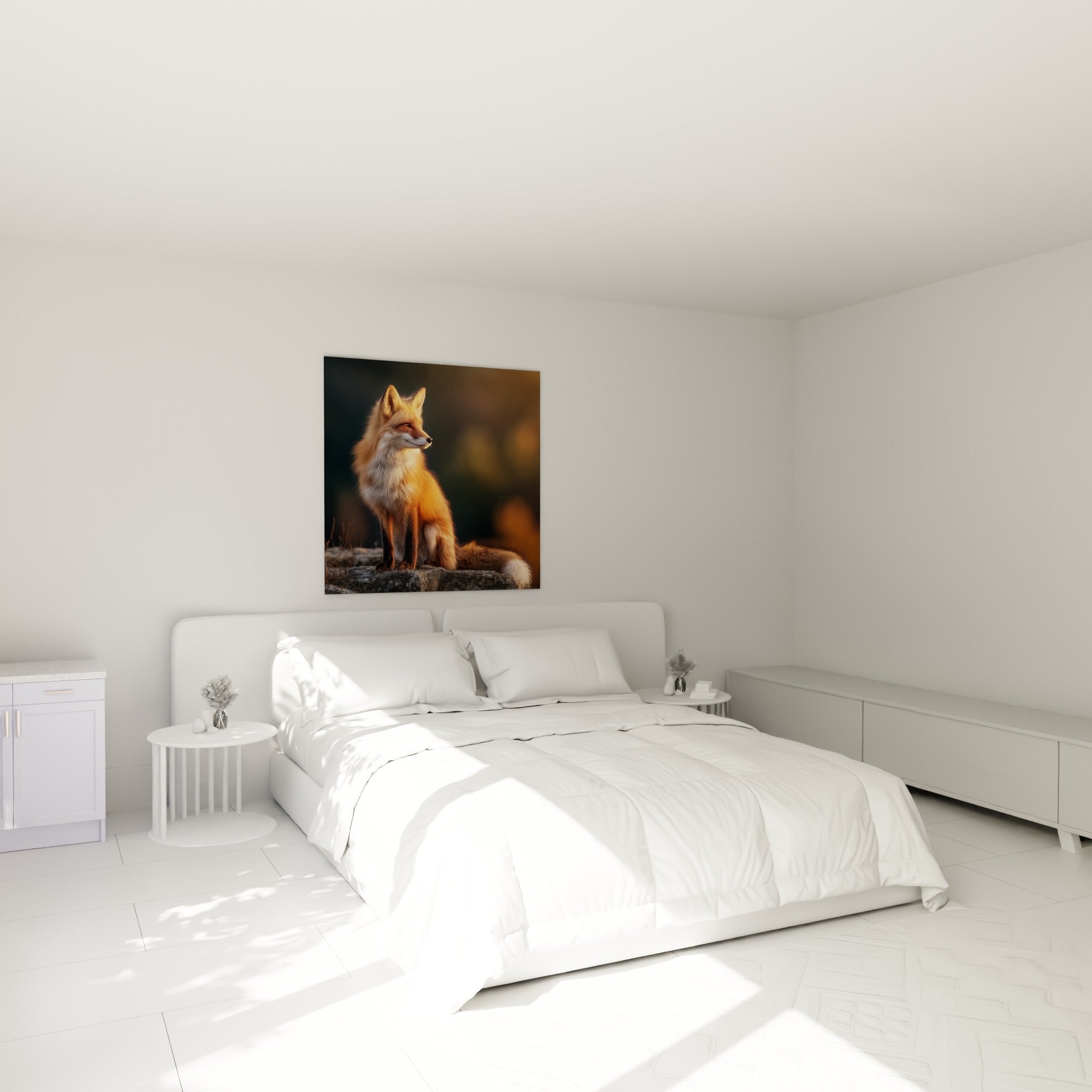 Renard fauve au poitrail blanc, posture attentive, au-dessus d'un lit dans une chambre claire