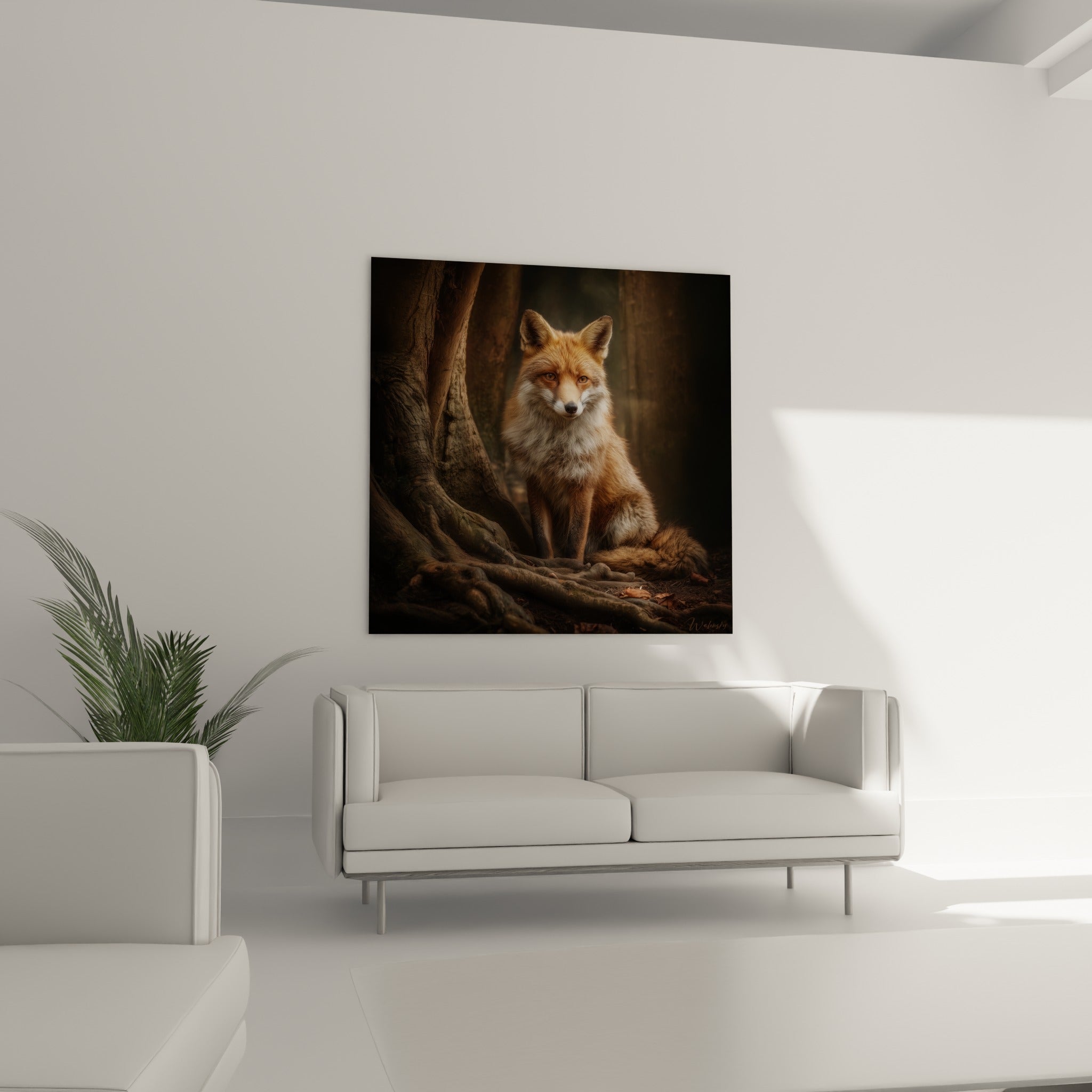 Animal au pelage fauve et blanc niché entre racines brunes, disposé au-dessus d'un canapé dans un salon lumineux