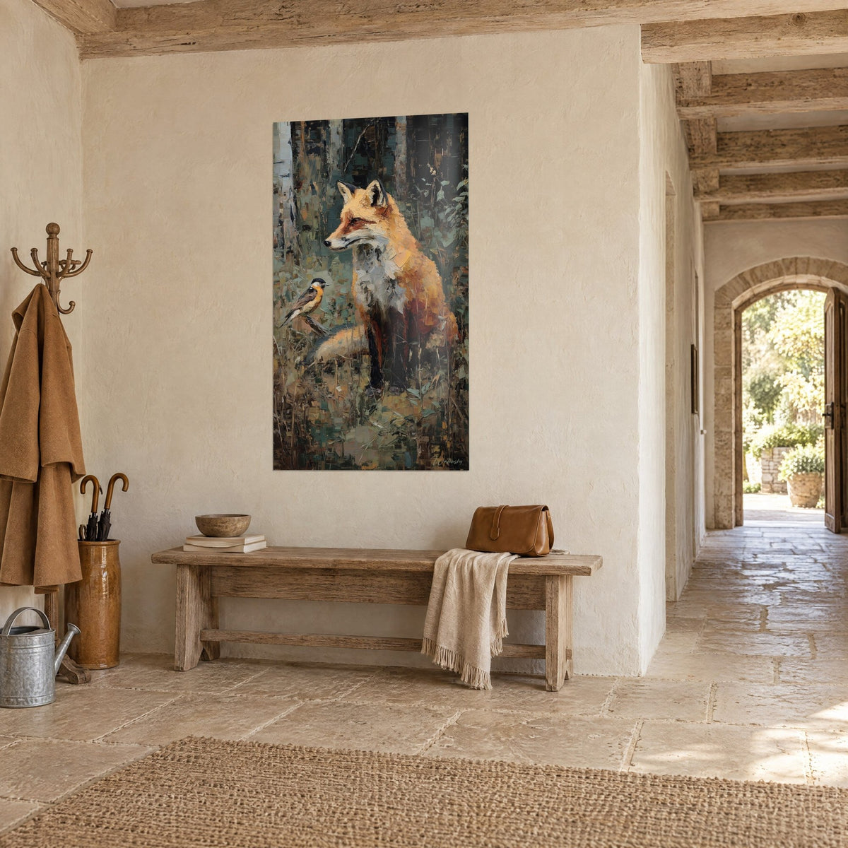 Wall art fox with amber and cream fur in a dark green undergrowth, lime-washed wall and wooden bench, stone house