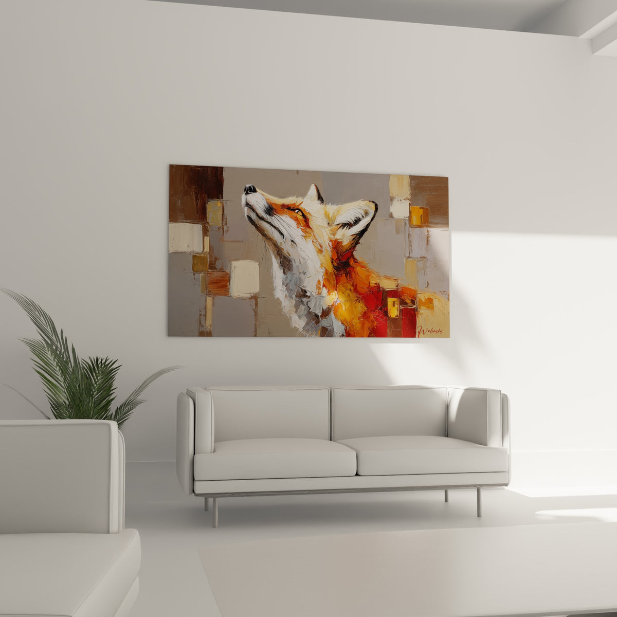 Regard vigilant du renard fauve, empâtements orange et gris taupe, au-dessus d'un canapé dans un salon lumineux