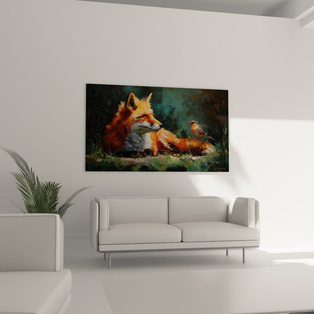 Renard fauve au regard tourné vers un rouge-gorge, empâtements orange et noirs, au-dessus d'un canapé dans un salon lumineux