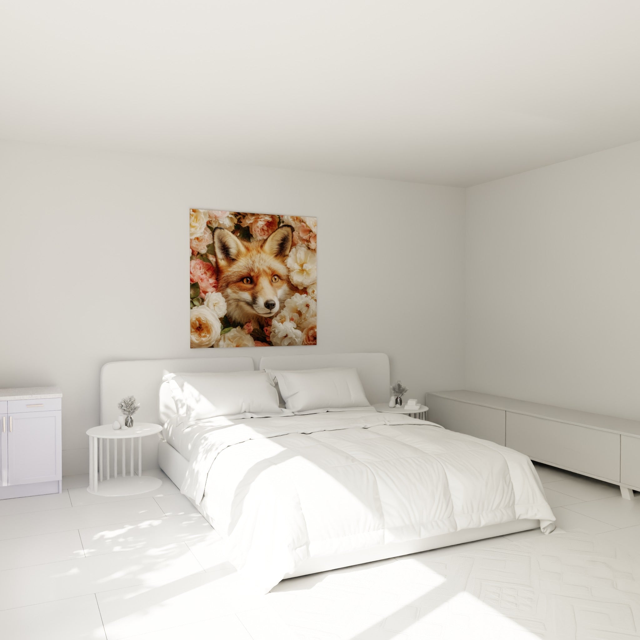 Museau de renard fauve entouré de pétales crème, au-dessus d'un lit dans une chambre claire