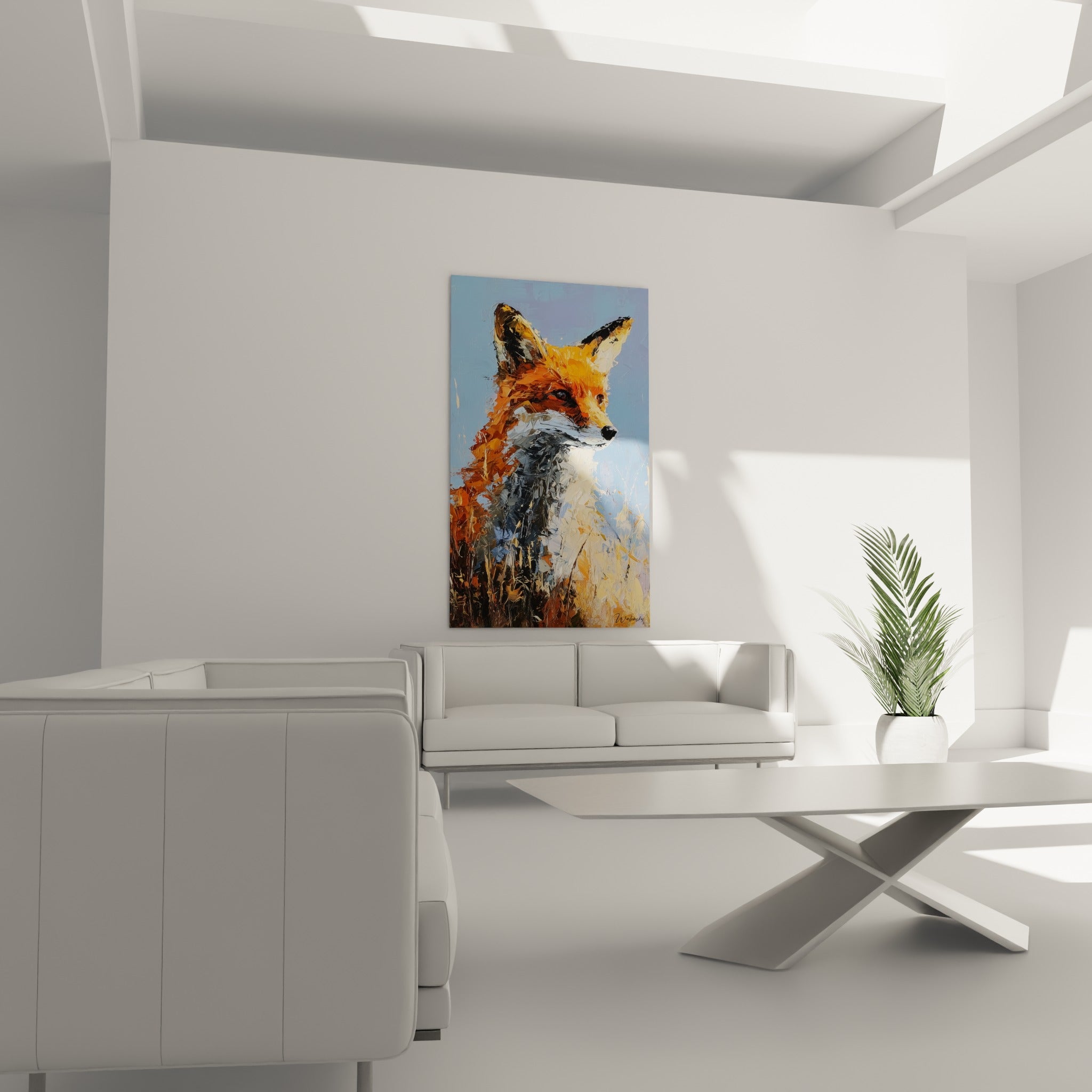 Renard fauve au regard vif et fond bleu ciel accroché au-dessus d'un canapé dans un salon lumineux