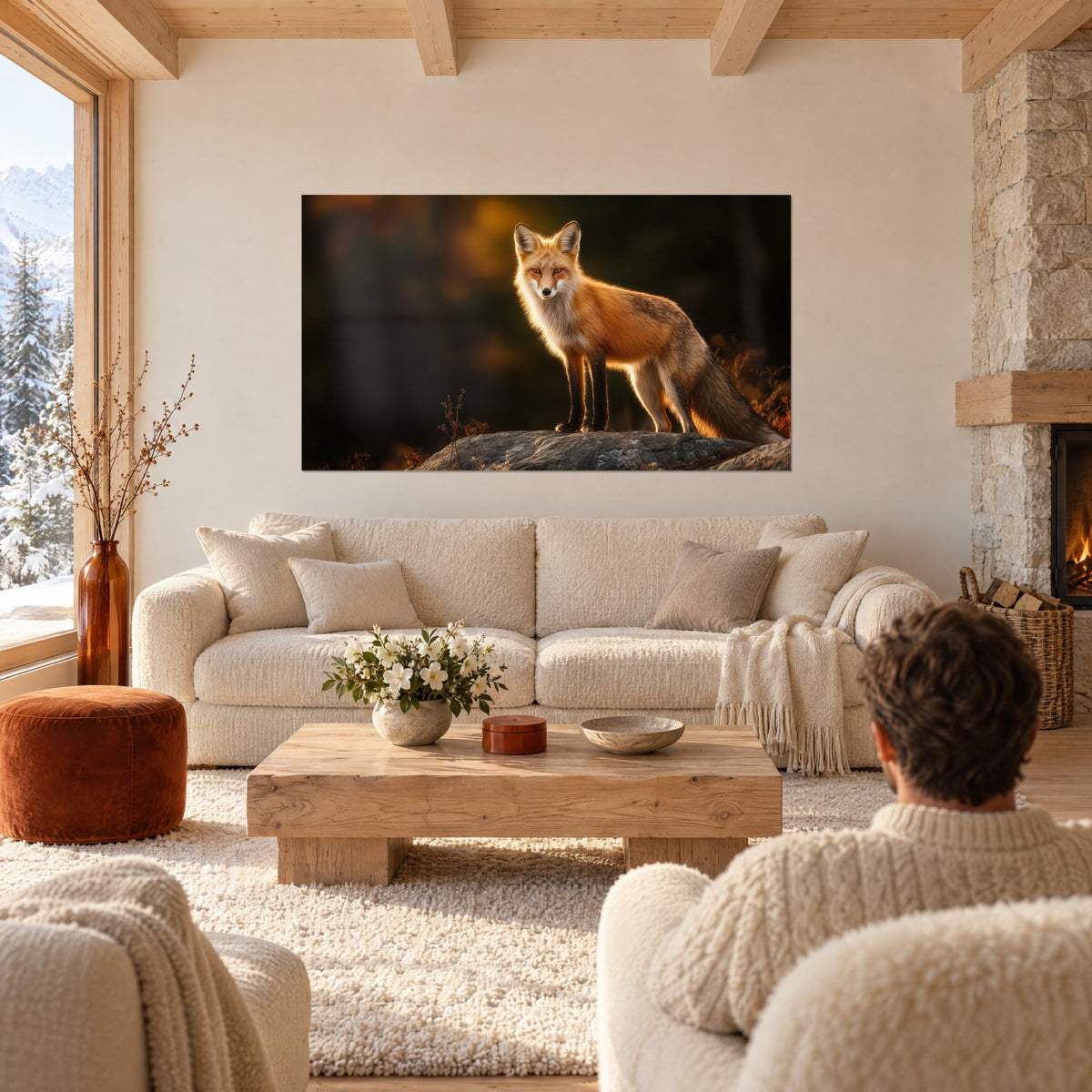 Quadro volpe rossa in posa su una roccia grigia, pelliccia arancio e petto color crema, sopra un divano in un soggiorno luminoso