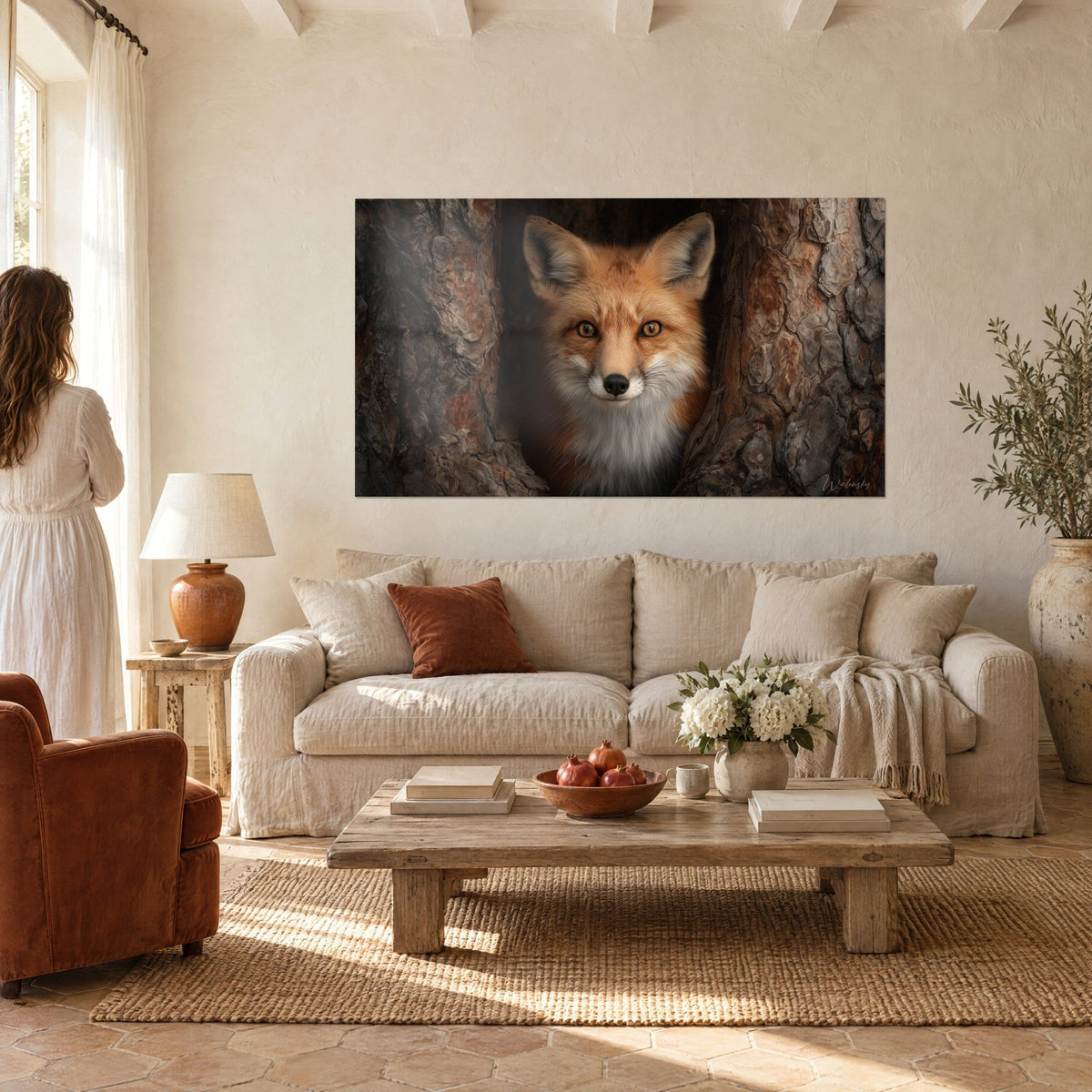 Wall art red fox with amber eyes, white muzzle, brown and grey bark, Provençal farmhouse, above a sofa in a bright living room