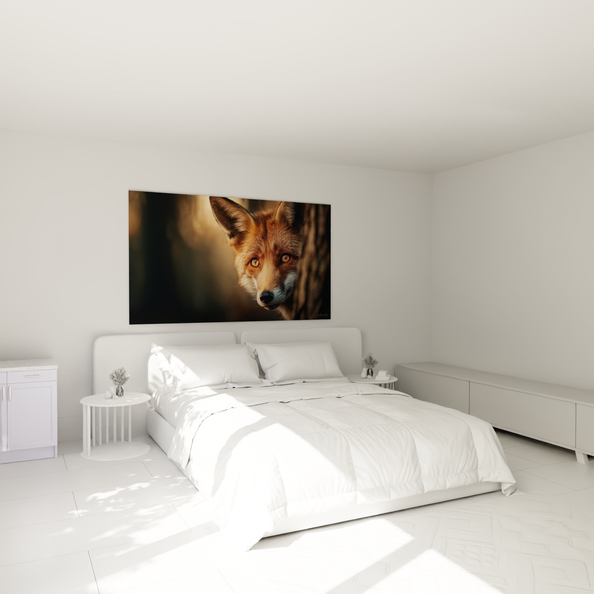 Museau du renard fauve et regard ambré accroché au-dessus d'un lit dans une chambre claire