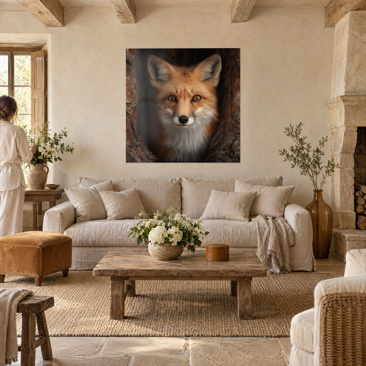 Wall art red fox with amber eyes, white muzzle and brown bark, two people seen from behind above a sofa in a bright living room