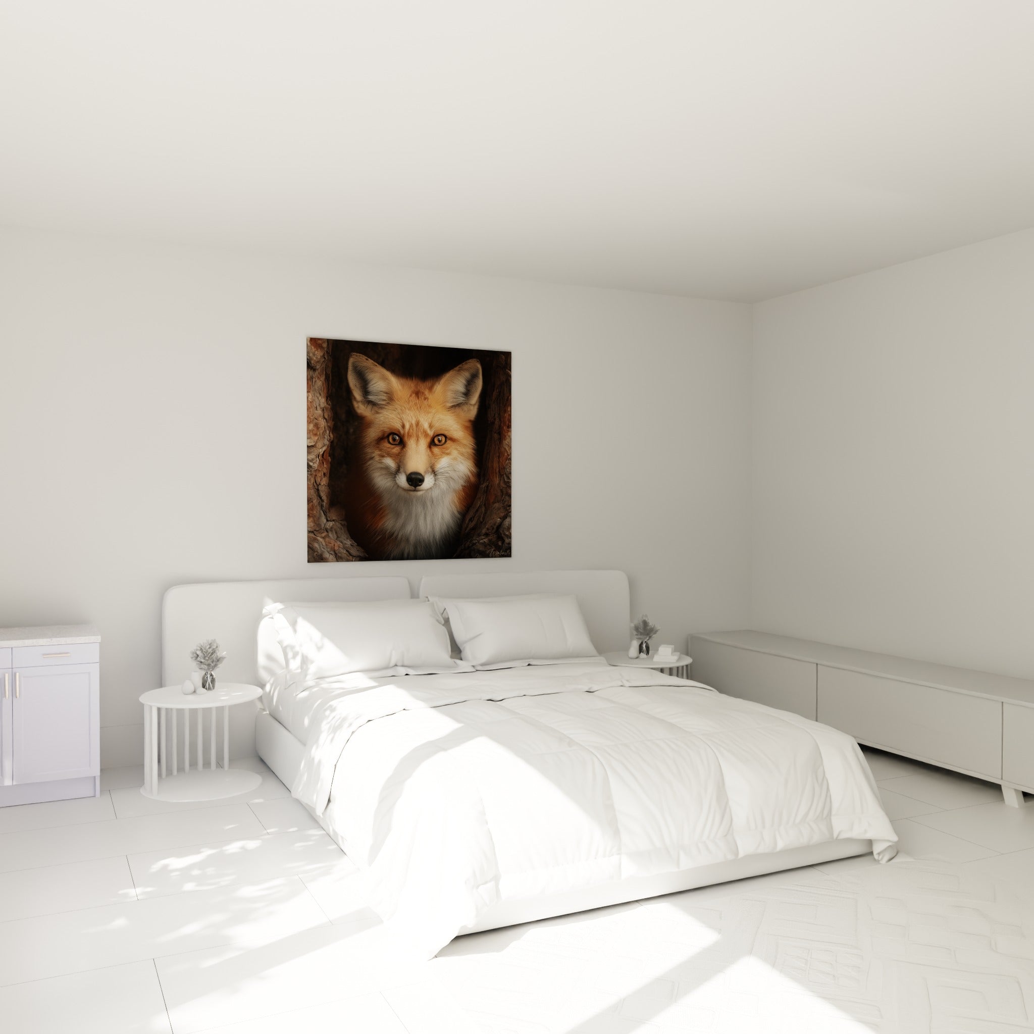 Museau de renard fauve et regard perçant accroché au-dessus d'un lit dans une chambre claire