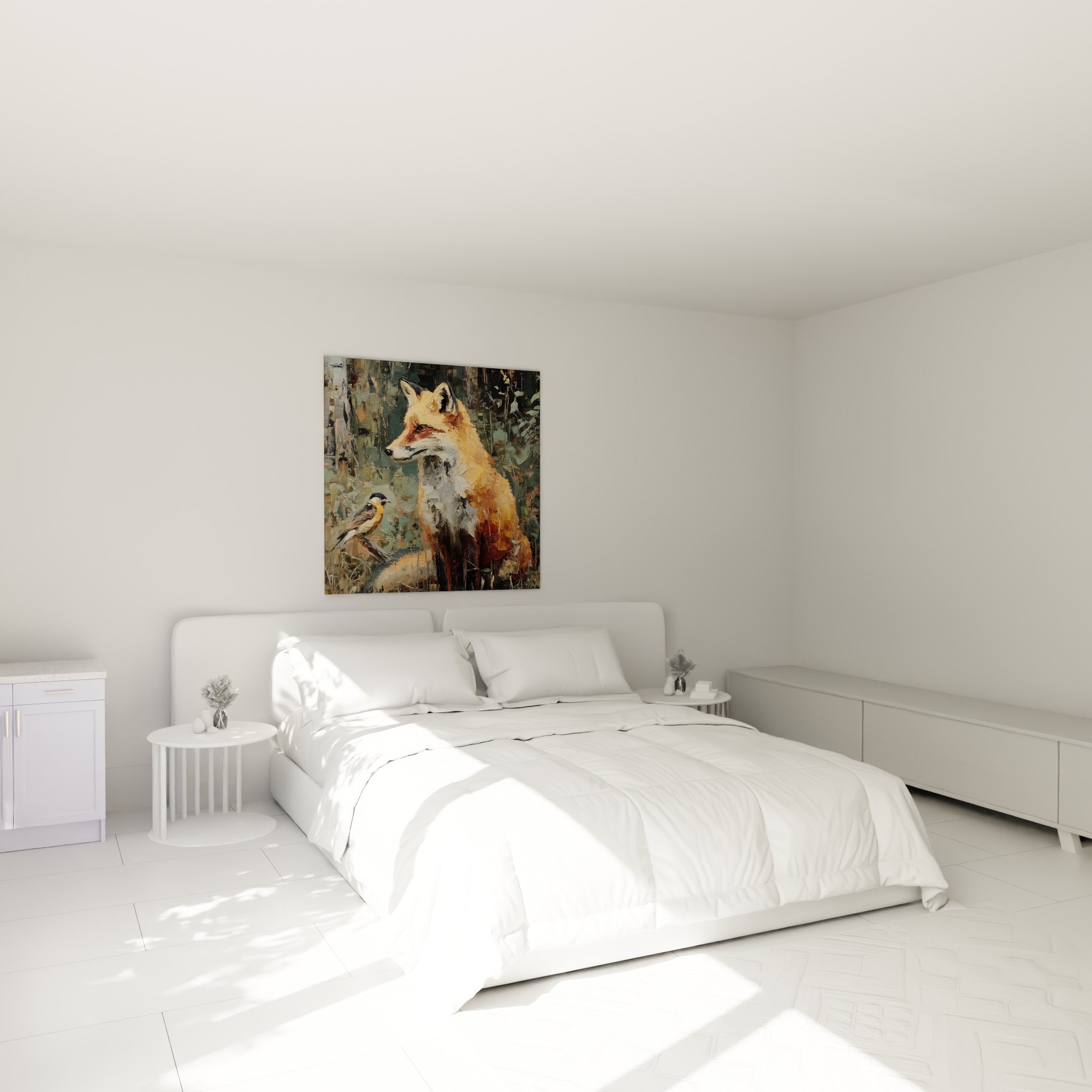 Renard fauve et petit passereau perché, teintes dorées et vertes, au-dessus d'un lit dans une chambre claire