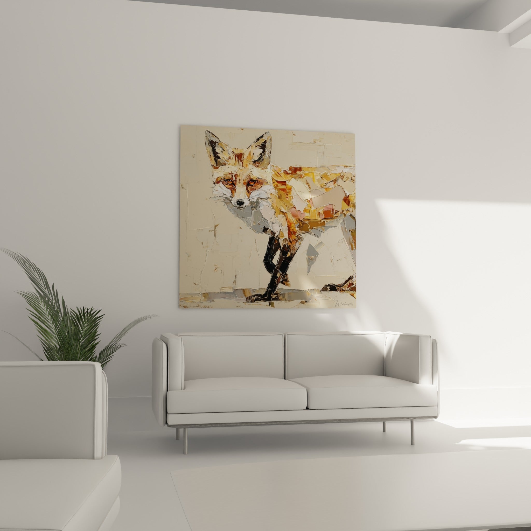 Silhouette fauve et noire du renard en mouvement, suspendue au-dessus d'un canapé dans un salon lumineux