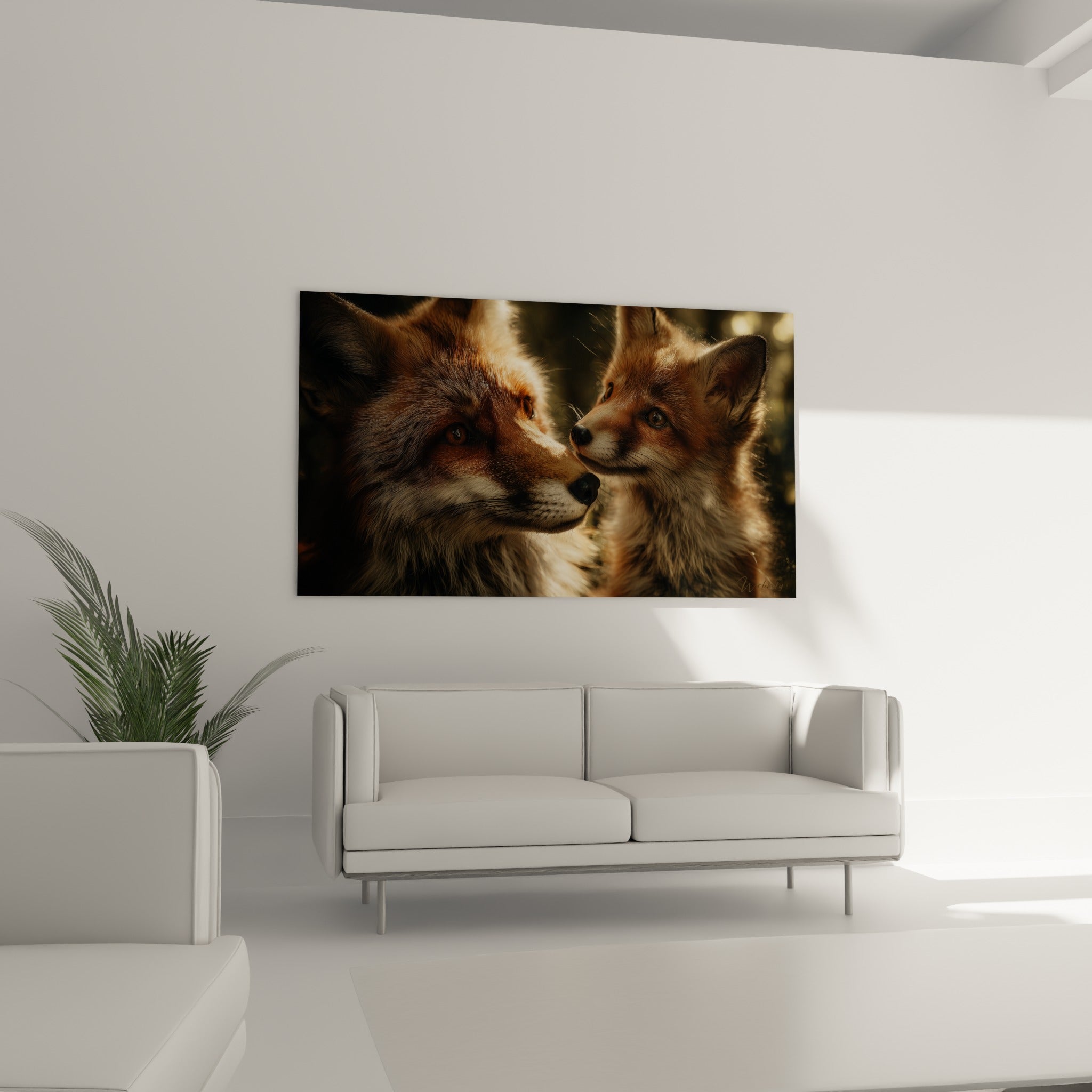 Deux renards fauves museau contre museau, lumière chaude, au-dessus d'un canapé dans un salon lumineux