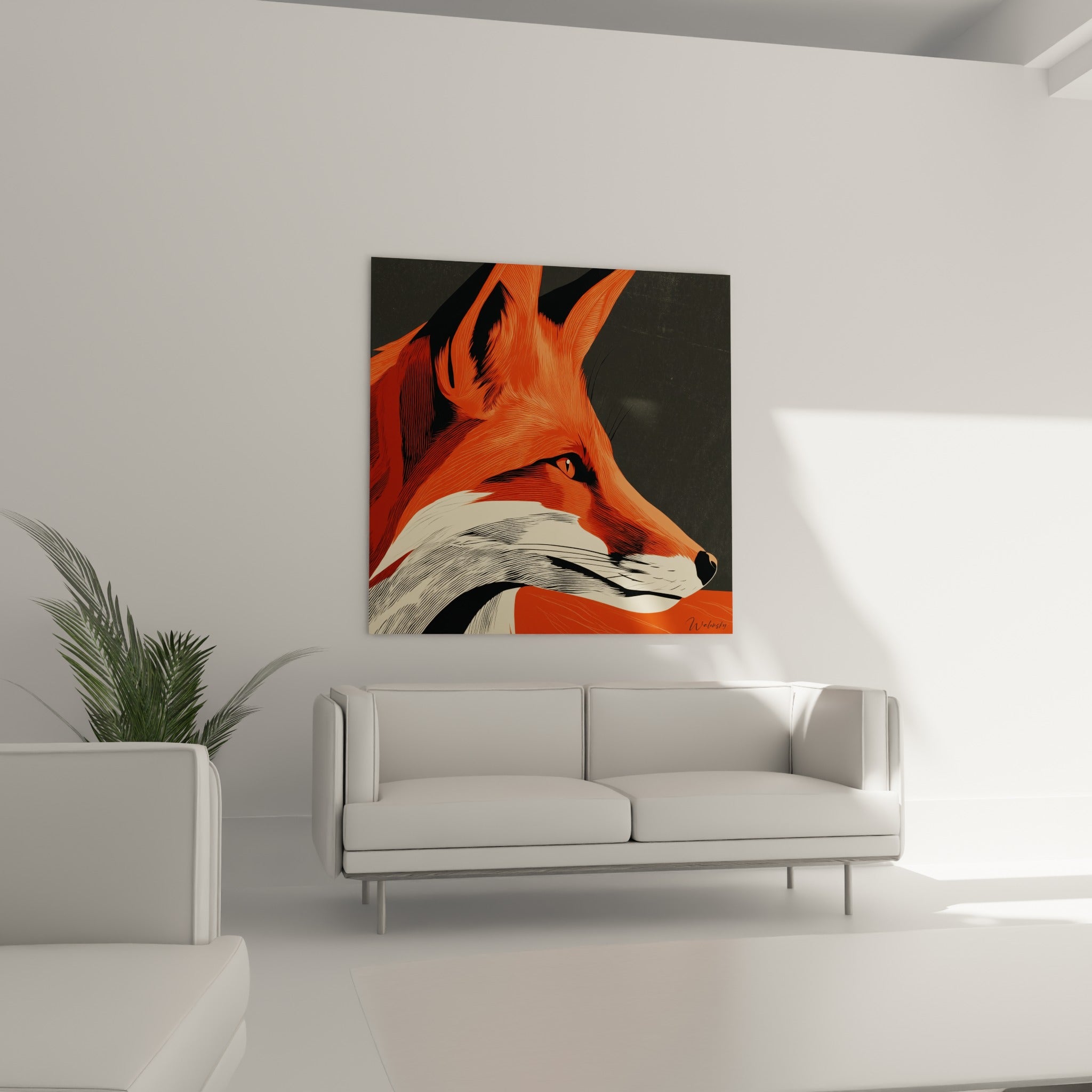 Oreille dressée et fourrure orange du renard sur fond gris sombre, au-dessus d'un canapé dans un salon lumineux