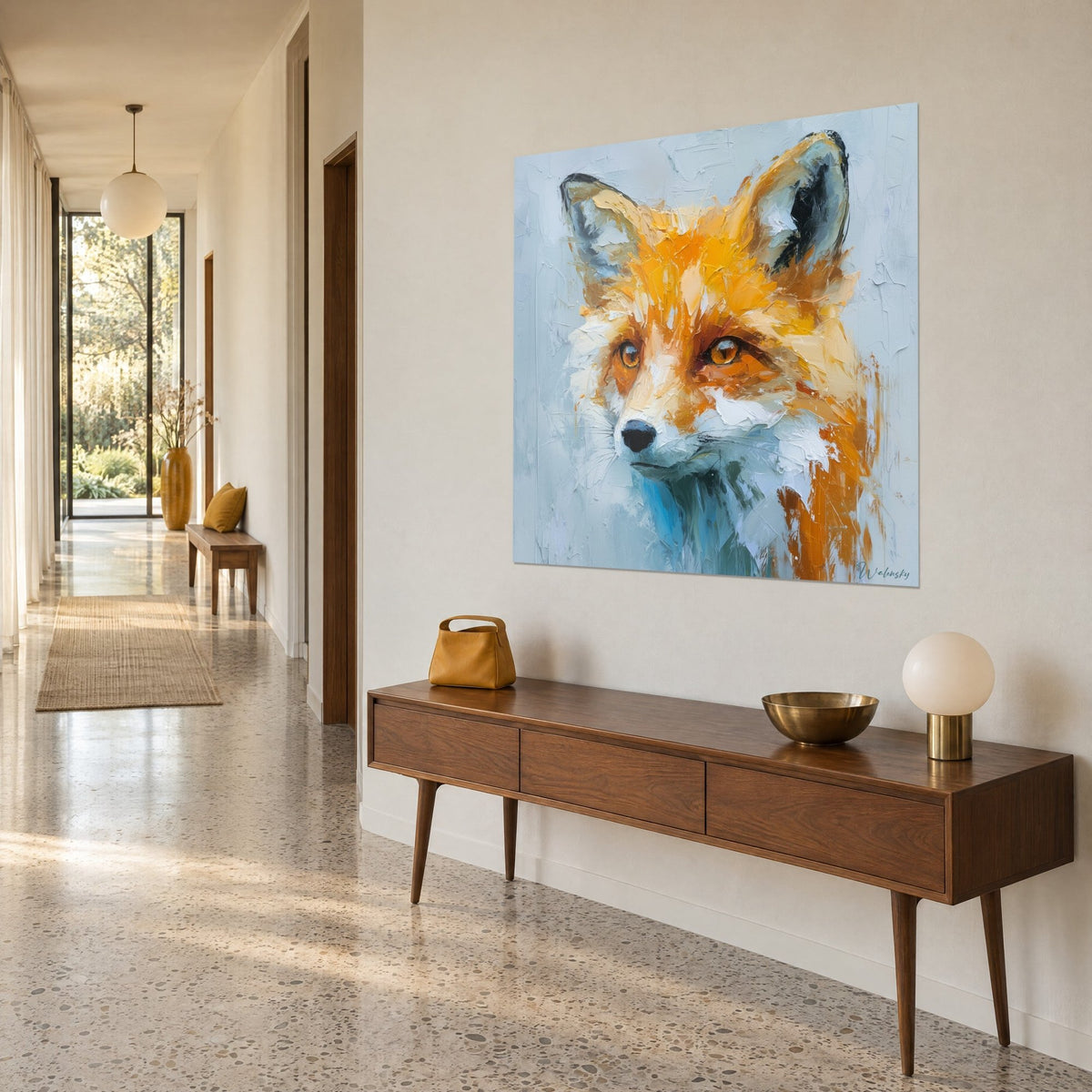 Wall art close-up of a fox muzzle in palette knife painting, black-edged ears, orange and white, beige hallway wall, wooden console
