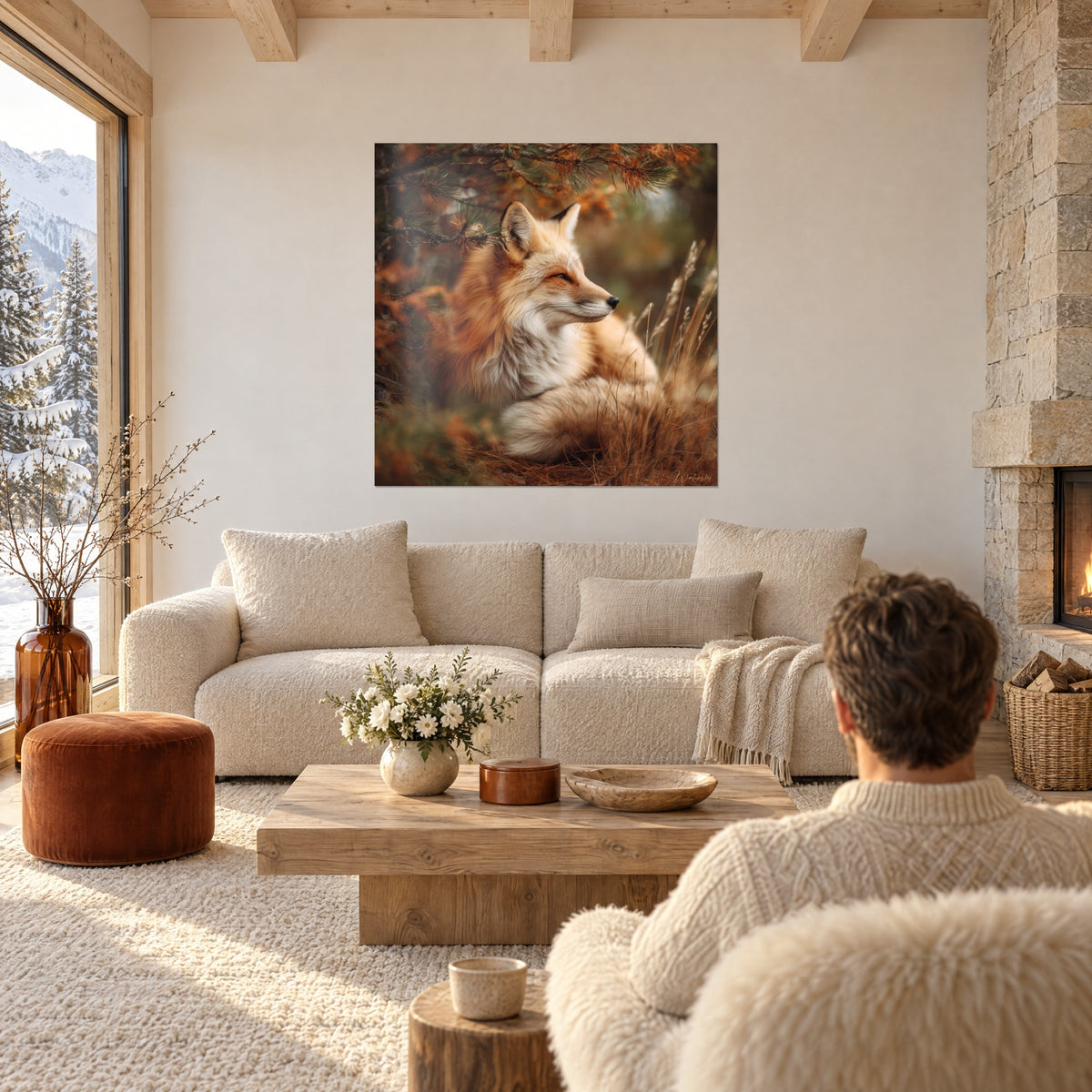 Gemälde Rotfuchs mit orangefarbenem und cremeweißem Fell, Schnauze nach rechts gewandt, von Kiefernzweigen umrahmt, über einem Sofa in einem hellen Wohnzimmer