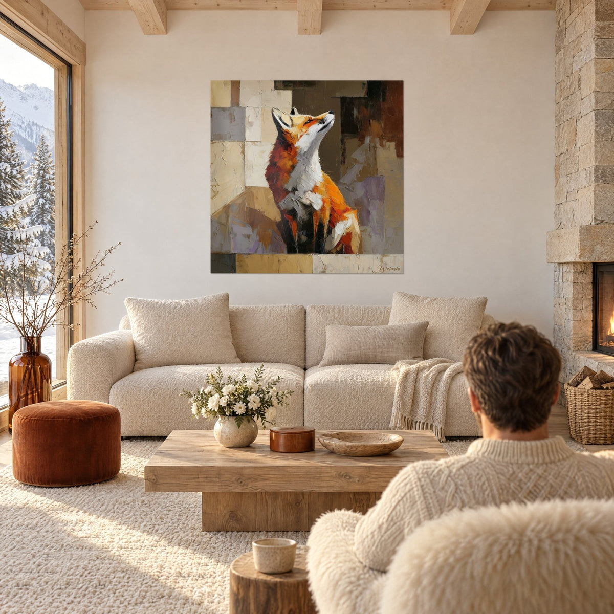 Wall art red fox with its muzzle pointed toward the sky, orange and white fur, two people seen from behind above a sofa in a bright living room
