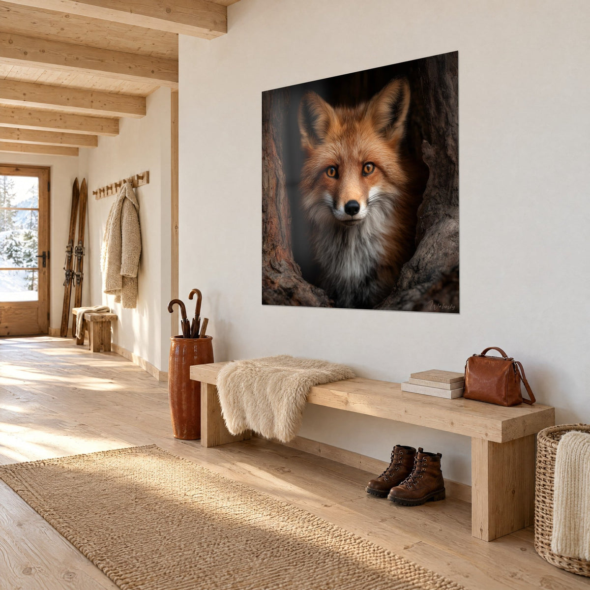 Wall art fox with orange coat and white chest, black muzzle, light wall and wooden bench, chalet in three-quarter view
