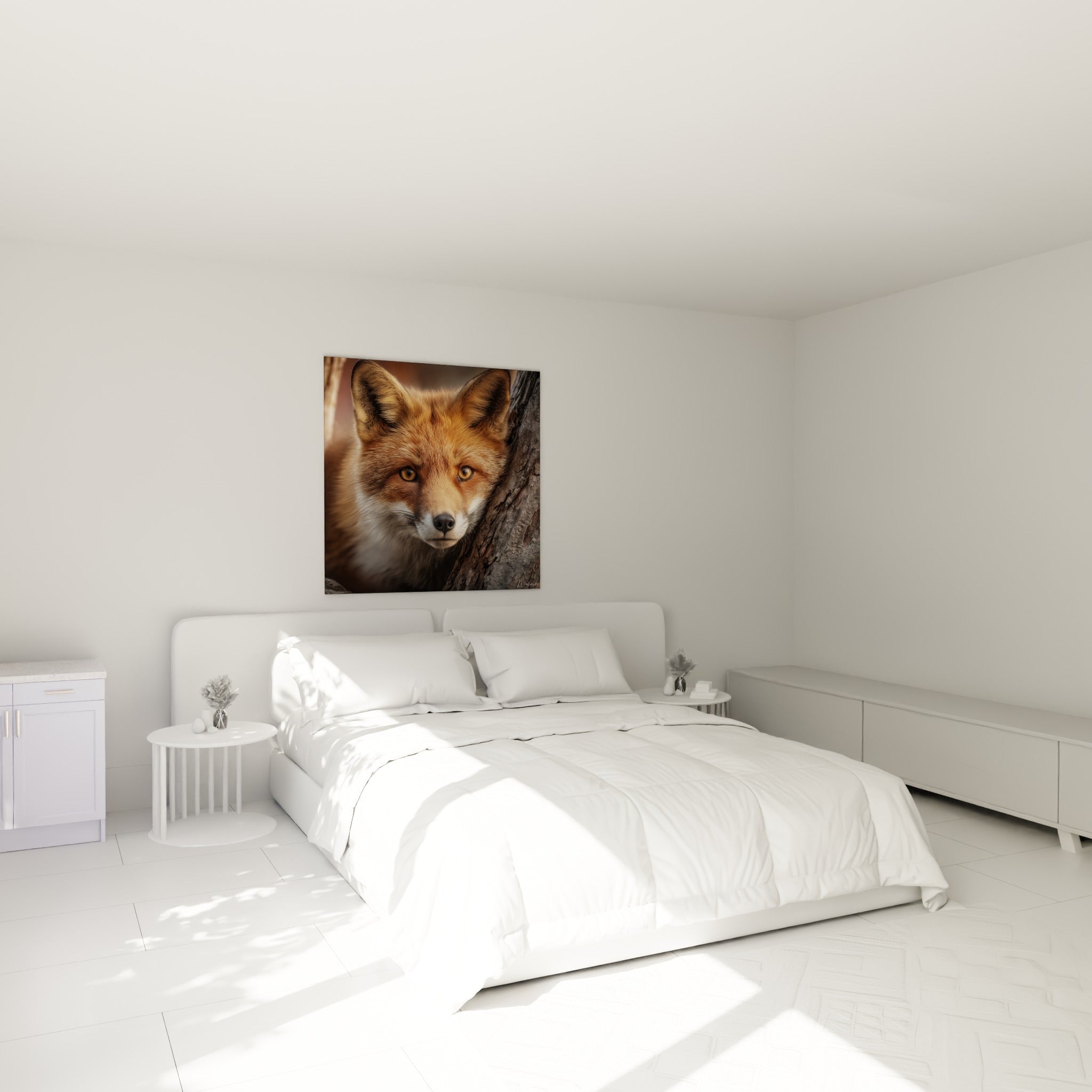 Renard fauve aux yeux ambrés et pelage roux vif, accroché au-dessus d'un lit dans une chambre claire