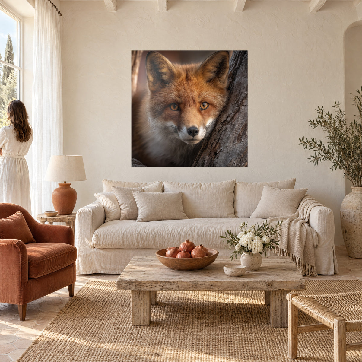 Gemälde Rotfuchs mit bernsteinfarbenen Augen, weiße Schnauze vor grauer Baumrinde, über einem Sofa in einem hellen Wohnzimmer