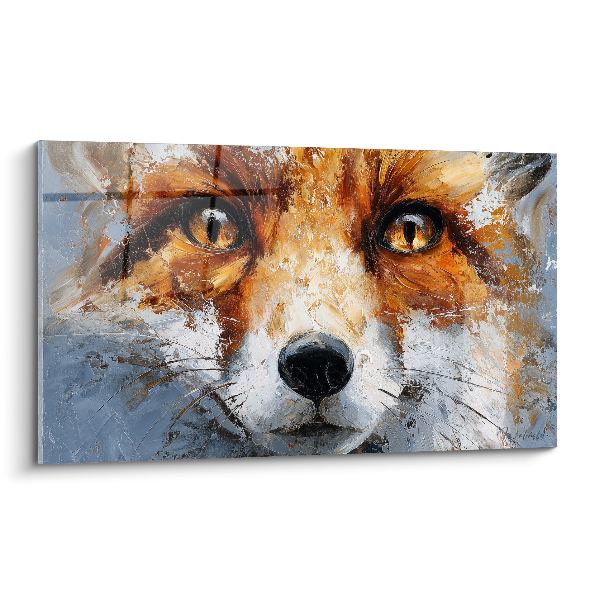 Renard fauve aux yeux ambrés peint à la spatule sur fond gris bleuté texturé