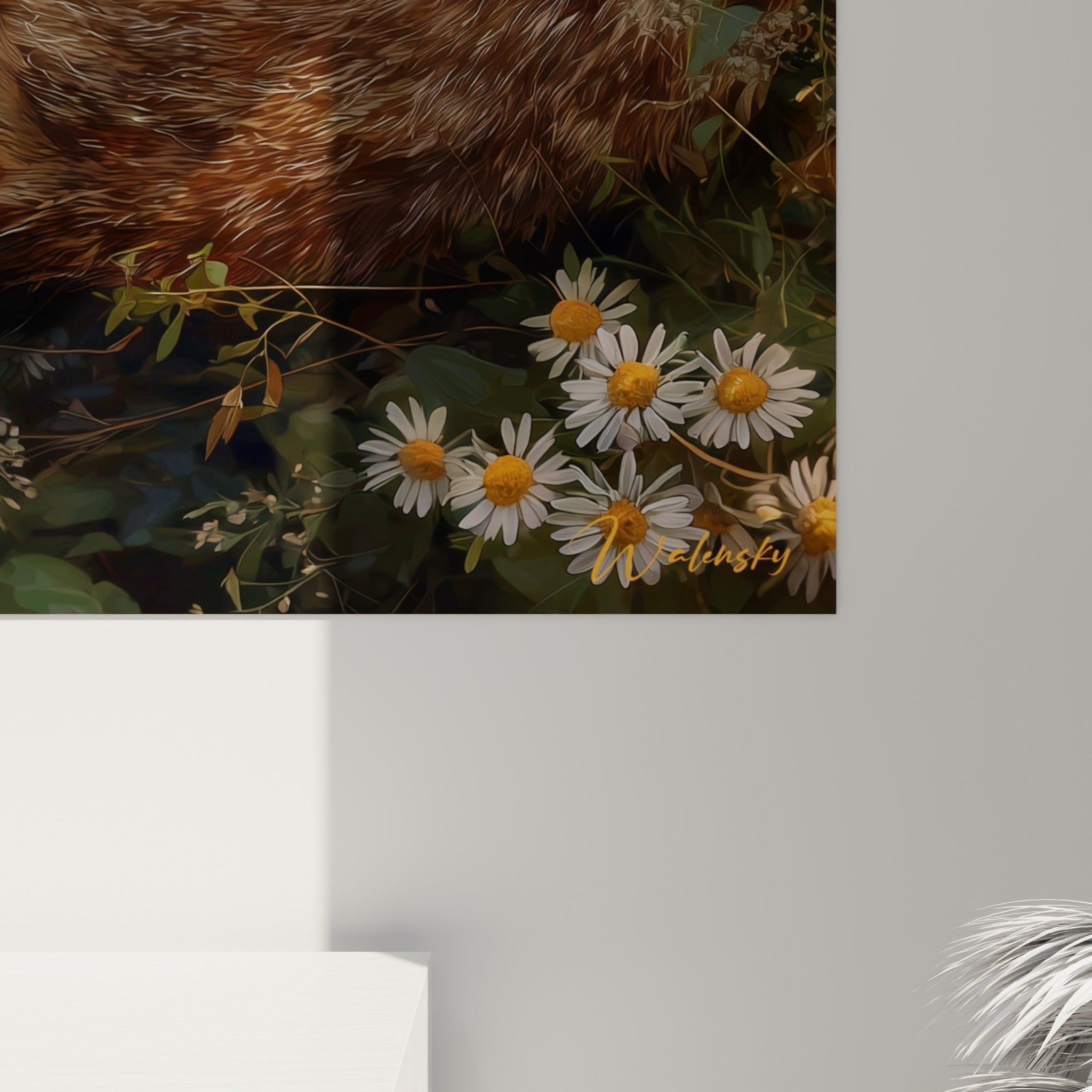 Détail de la fourrure rousse et fauve du renard, empâtements et lumière dorée sur la toile accrochée