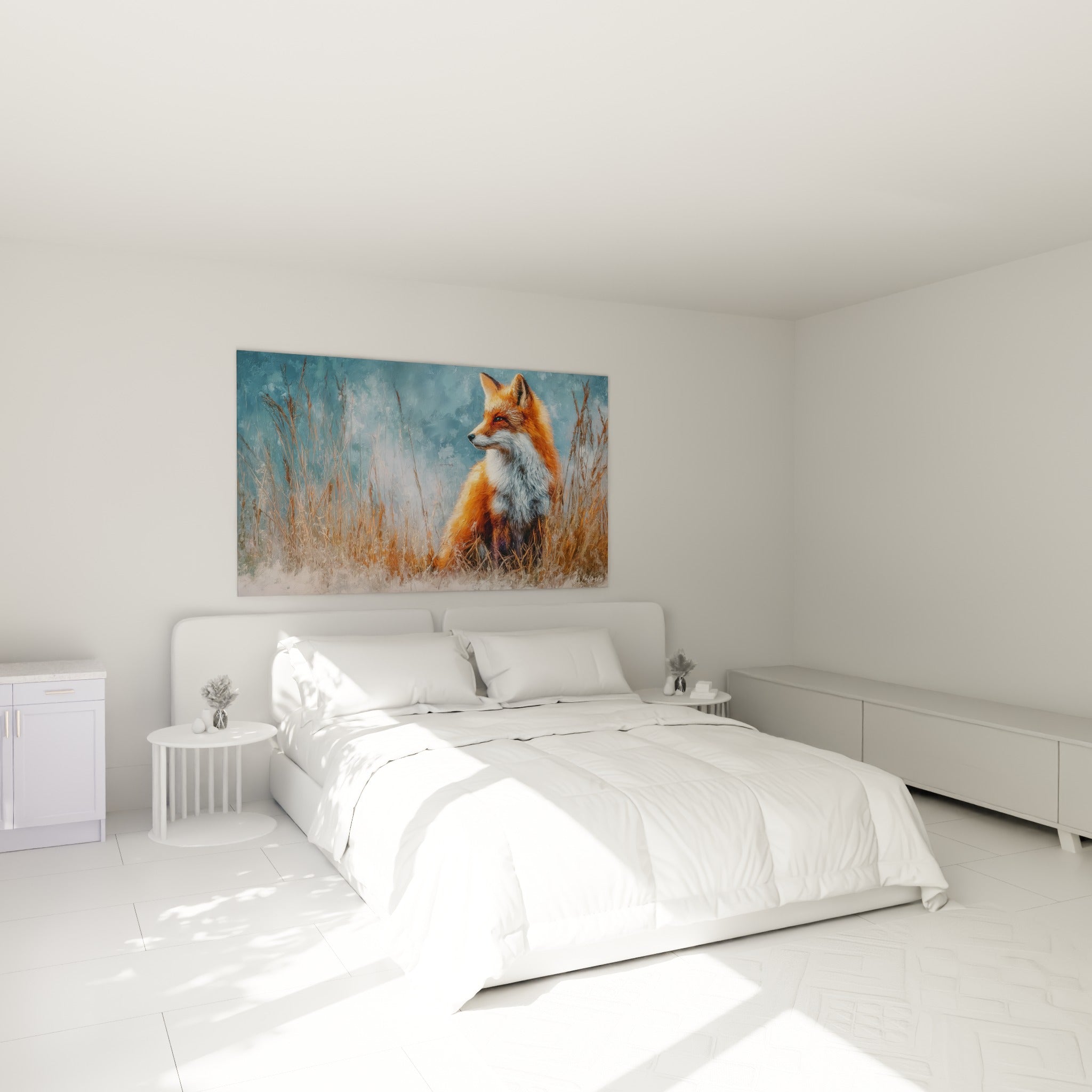 Fourrure orangée du renard et herbes givrées accrochées au-dessus d'un lit dans une chambre claire