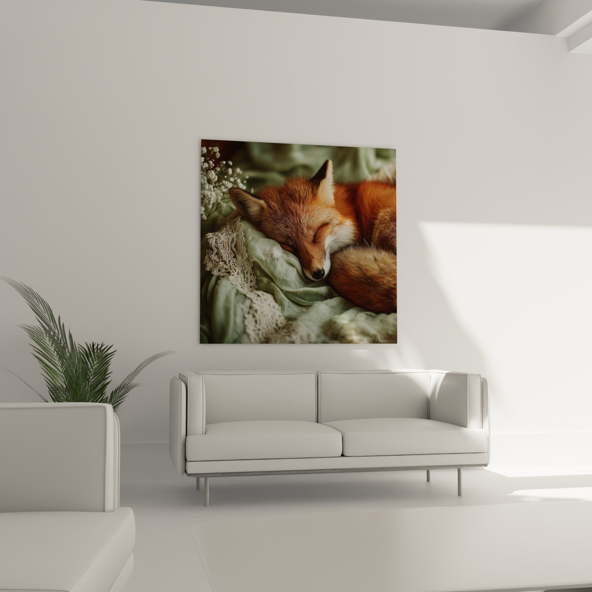 Fourrure rousse et tissu vert tendre du renard endormi, au-dessus d'un canapé dans un salon lumineux