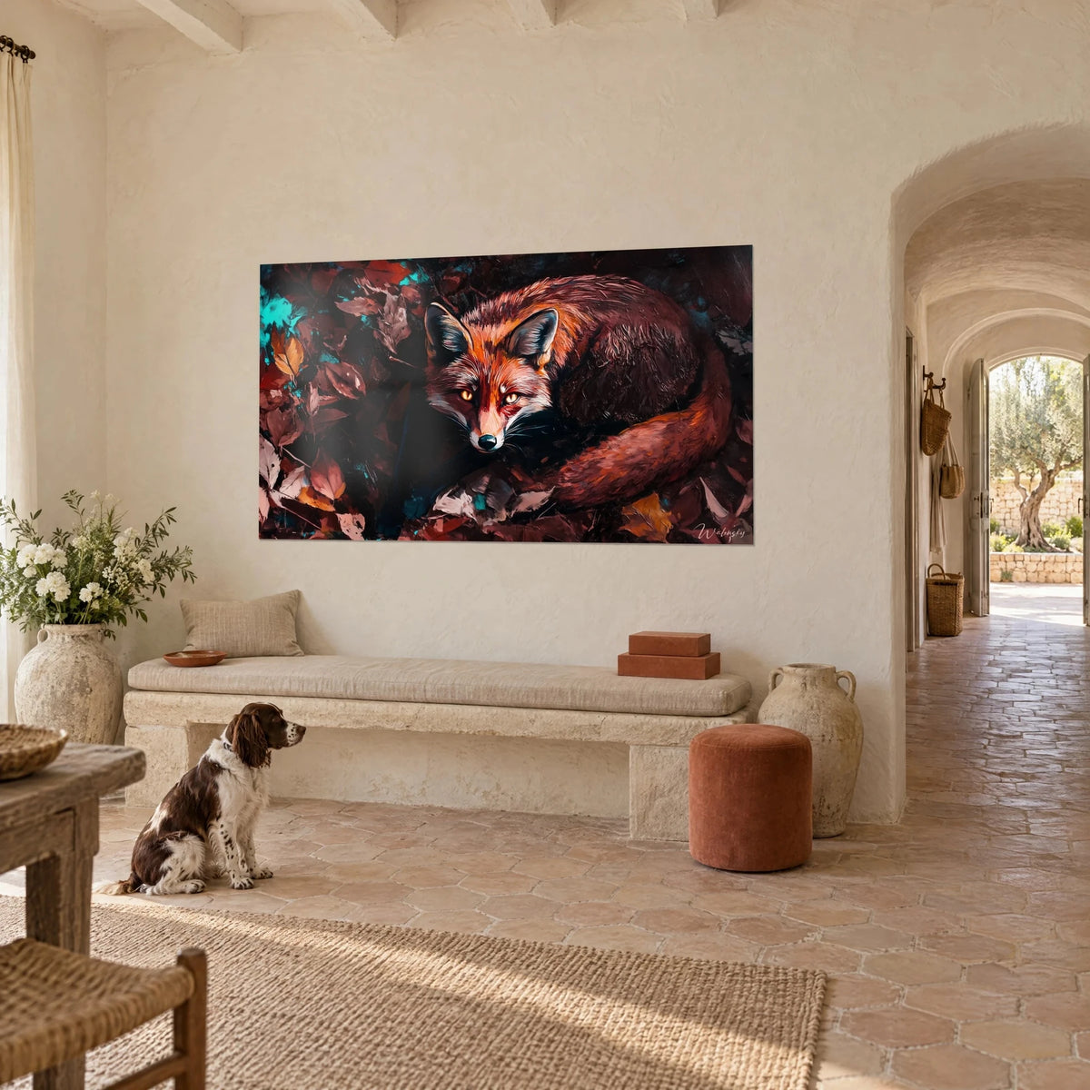Quadro volpe dal pelo arancio e rame, coda folta arrotolata, fogliame bordeaux, in un mas provenzale con uno spaniel