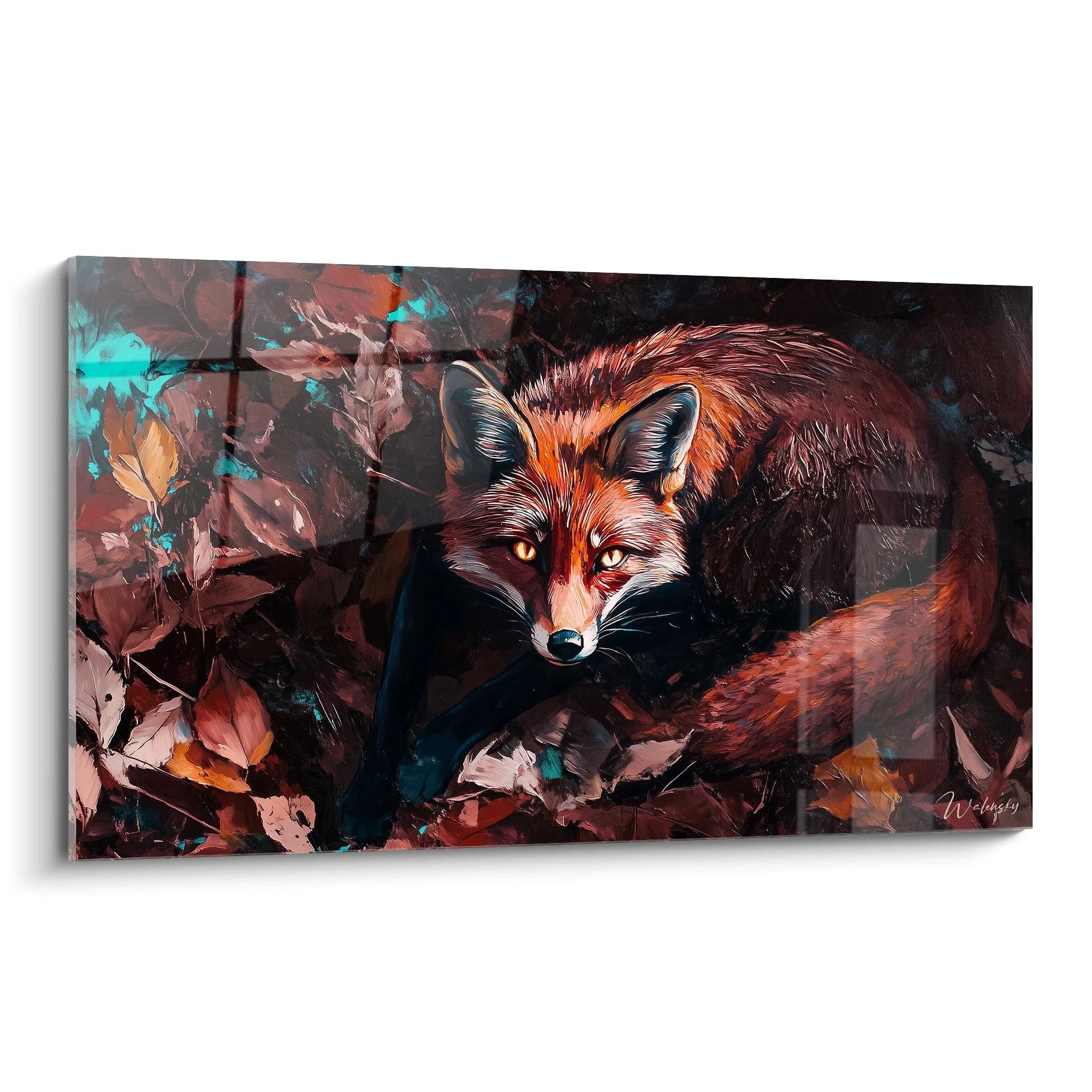 Tableau renard Walensky avec illustration colorée d'un renard roux dans un décor forestier automnal