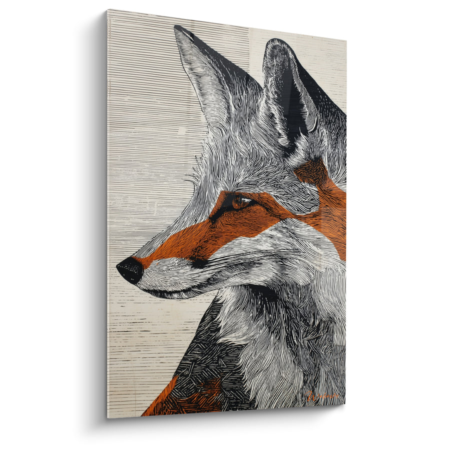 Tableau Renard aux traits noirs et orangés gravés - Profil en gravure linéaire - Edition Renard