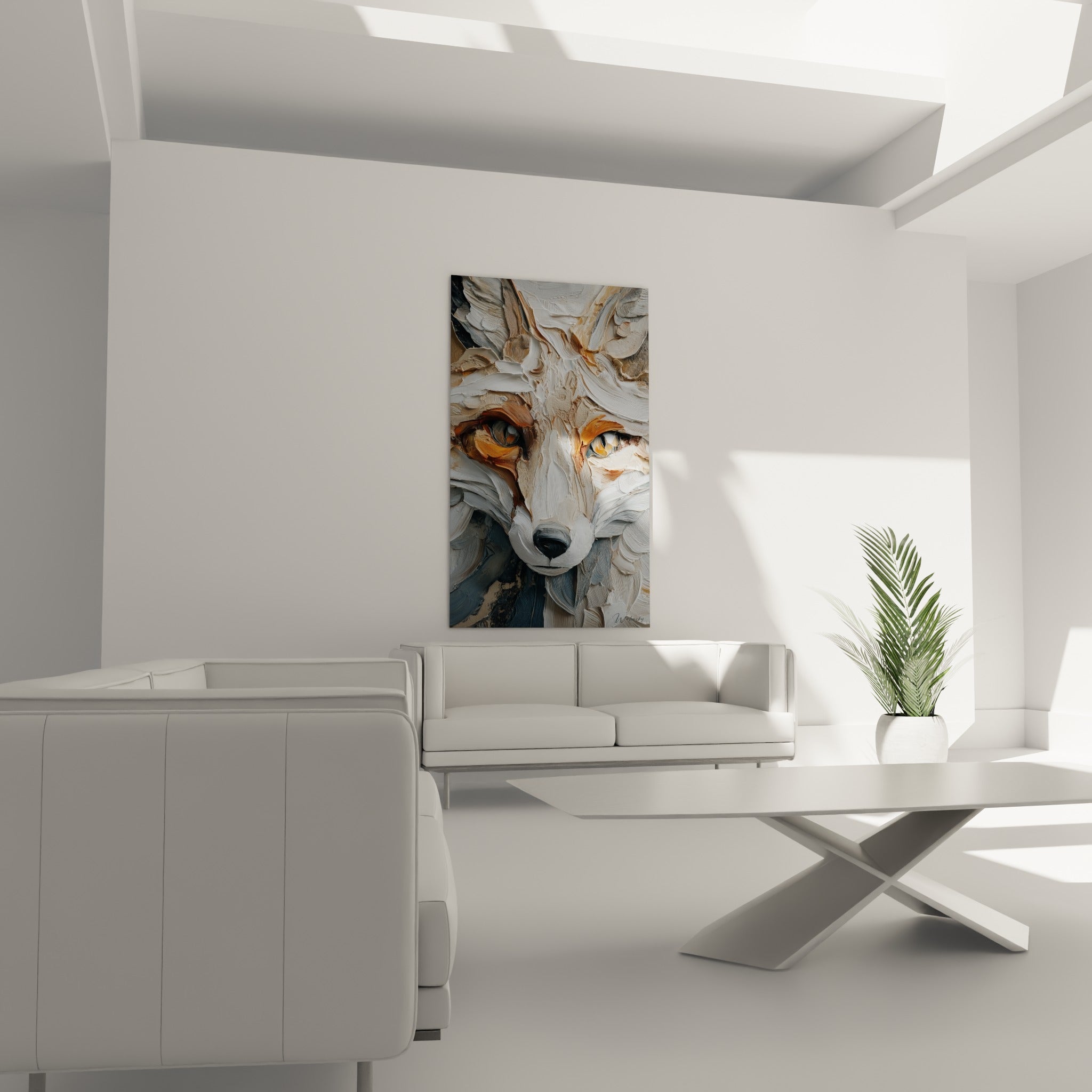 Regard ambré du renard blanc et anthracite, suspendu au-dessus d'un canapé dans un salon lumineux.
