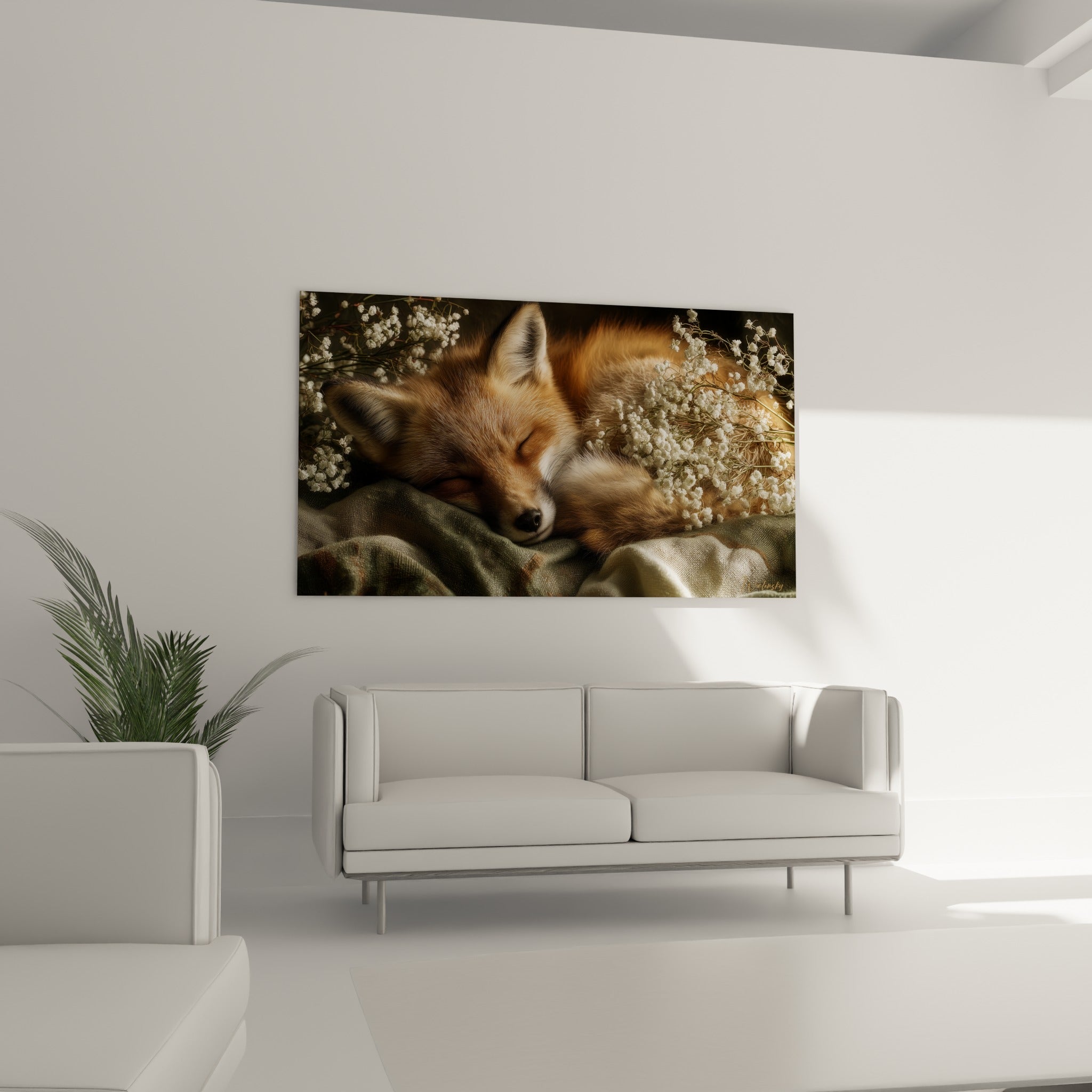 Renard endormi aux teintes rousses et crème, tableau au-dessus d'un canapé dans un salon lumineux