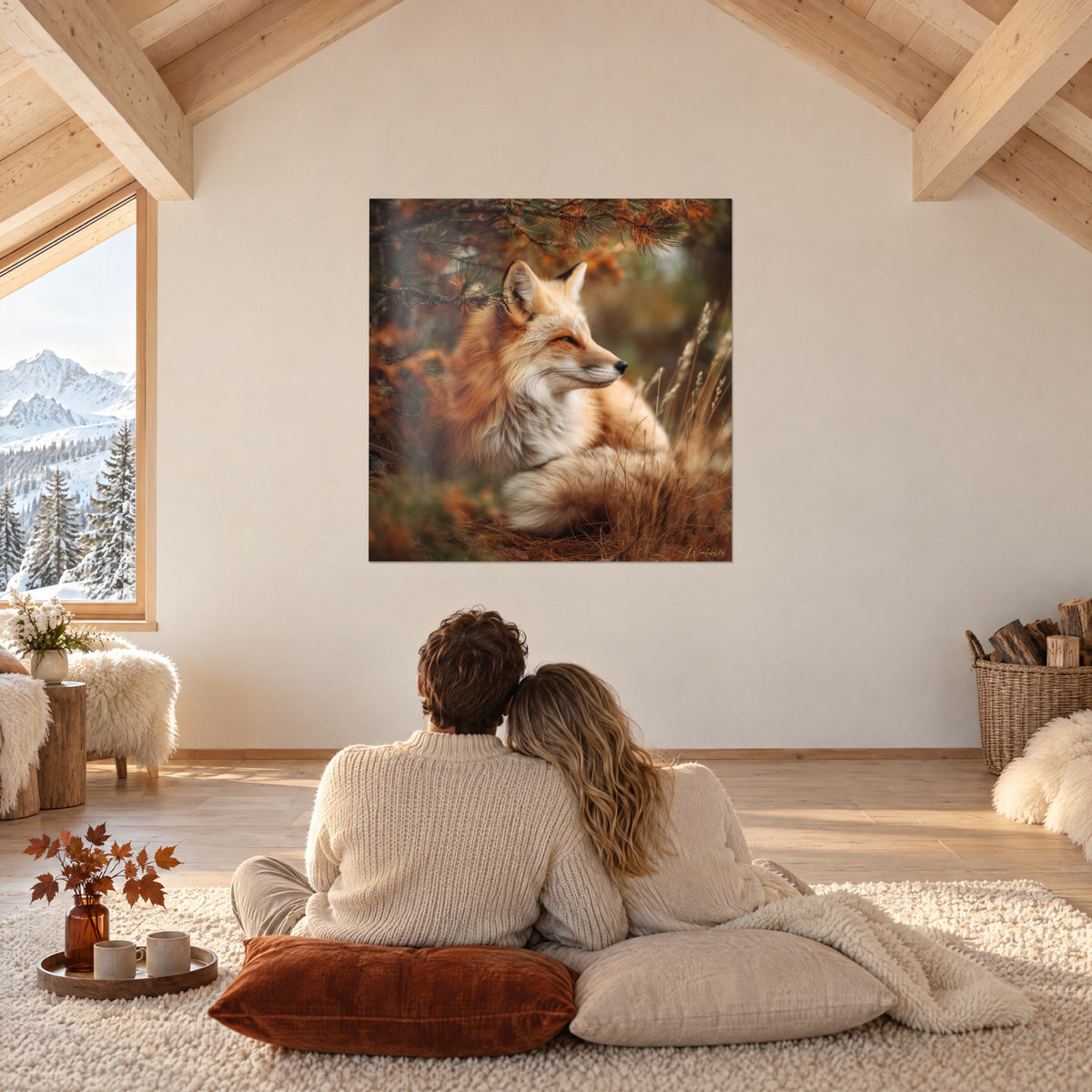 Gemälde Rotfuchs zusammengerollt zwischen trockenen Ähren, Farbspiel aus Honig und Kupfer, gegenüber einem sitzenden Paar von hinten auf einem cremefarbenen Teppich