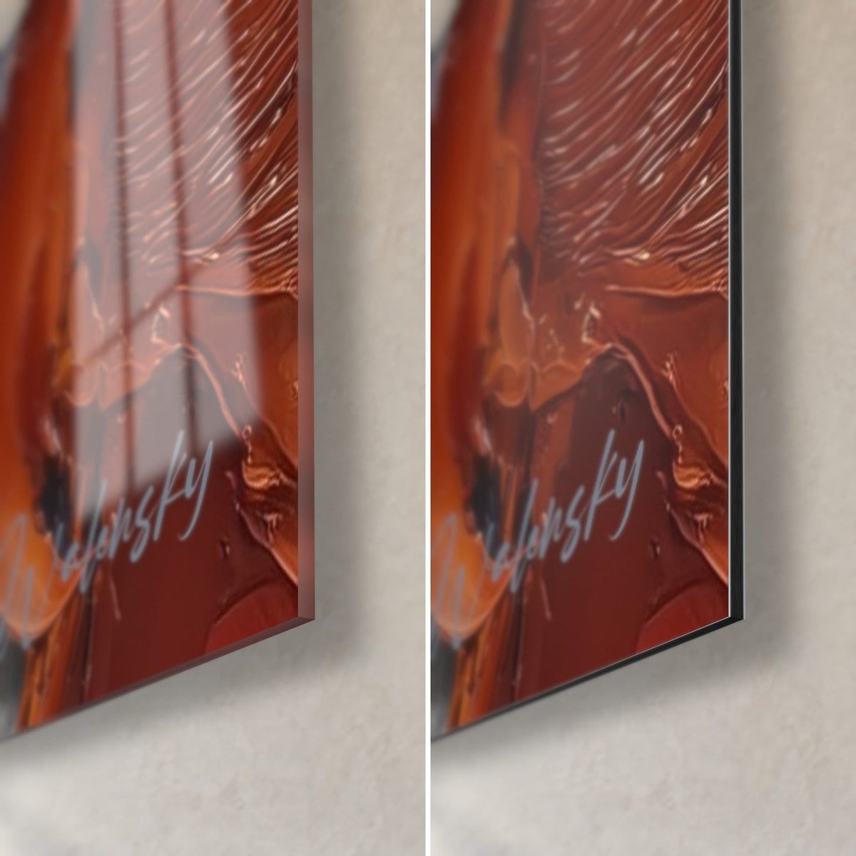 Wall art fox in thick paint, reddish-brown corner bottom right, glossy acrylic glass on the left, matte Dibond aluminium on the right, 3 mm thickness