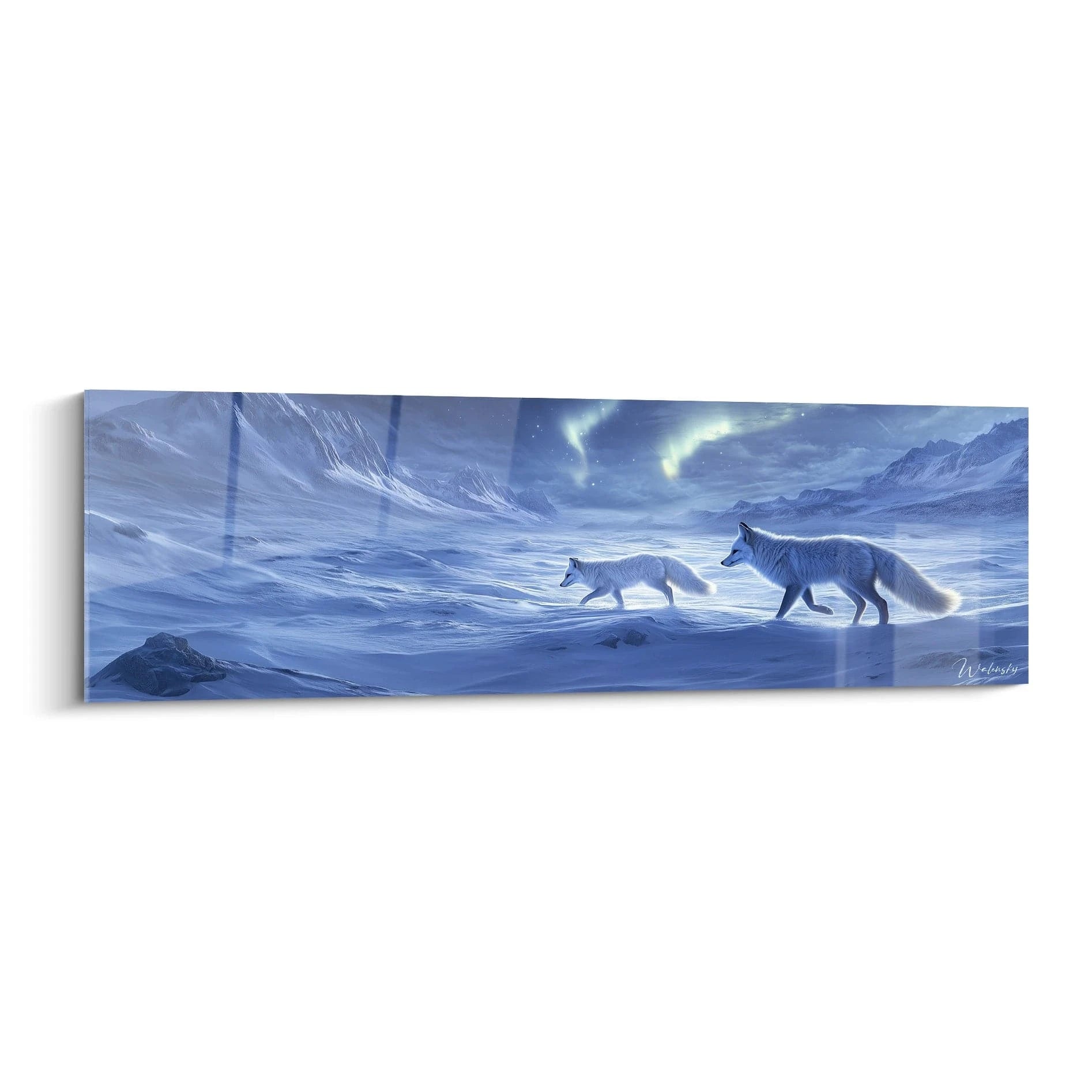 Tableau renard Walensky avec deux renards arctiques marchant dans un paysage hivernal sous les aurores boréales