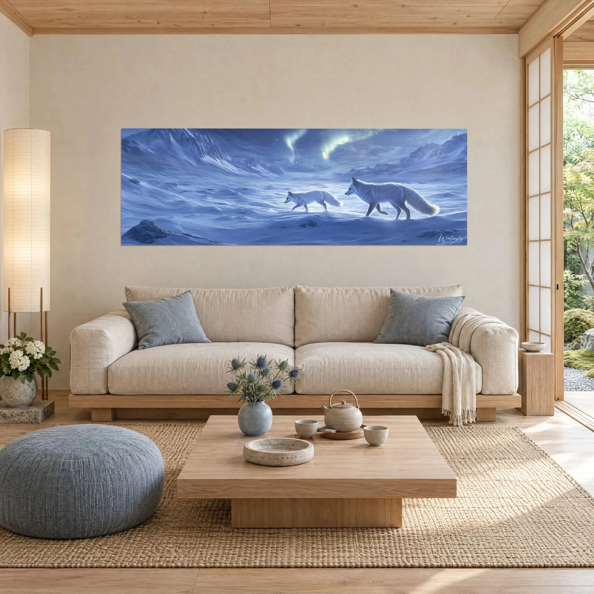 Wall art white arctic foxes walking through blue snow under a green aurora, above a sofa in a bright living room