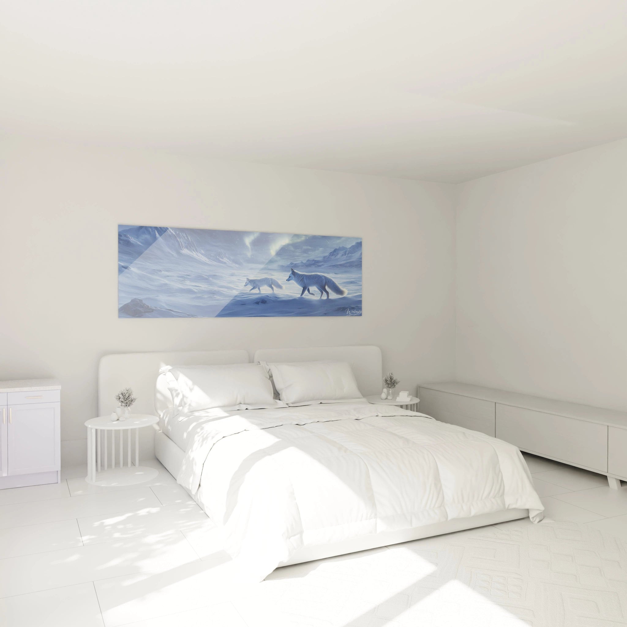 Tableau renard Walensky représentant deux renards dans un paysage hivernal bleu au-dessus d'un lit blanc moderne