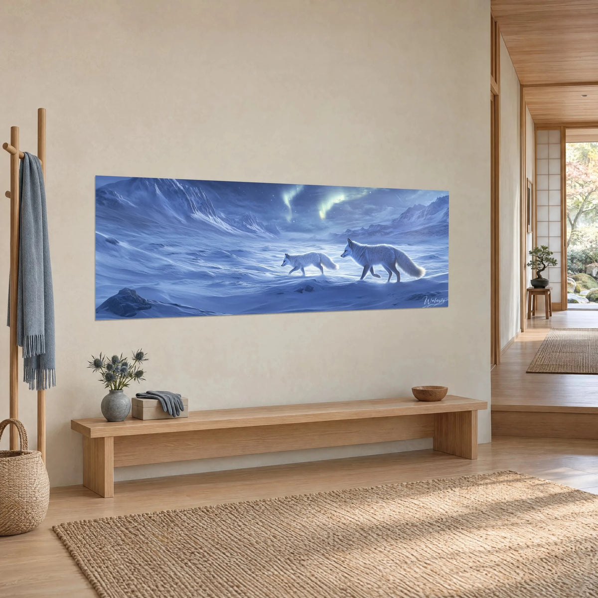 Wall art two silvery-furred polar fox cubs on an icy indigo plain, northern lights, light wood bench, three-quarter view
