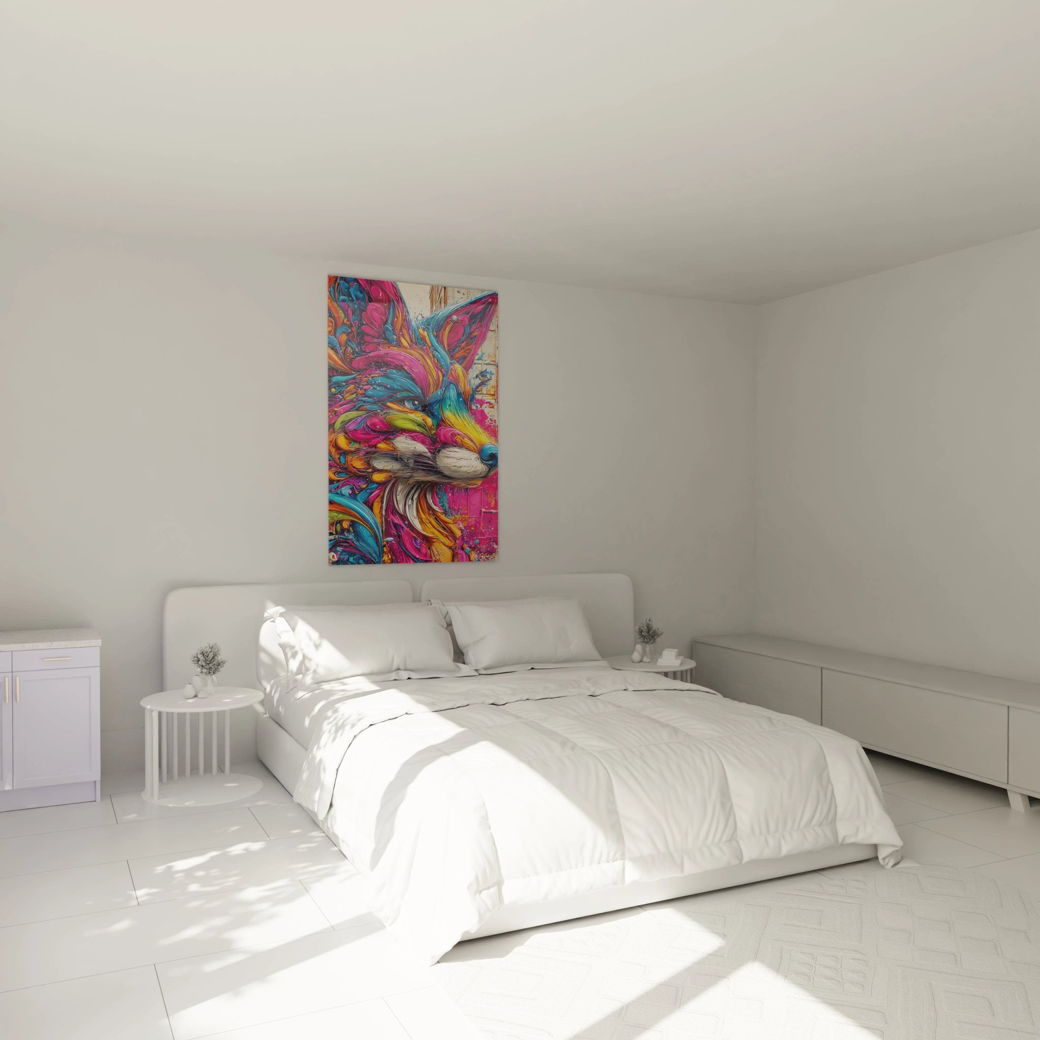Tableau mural renard coloré dans une chambre moderne, décoration artistique contemporaine