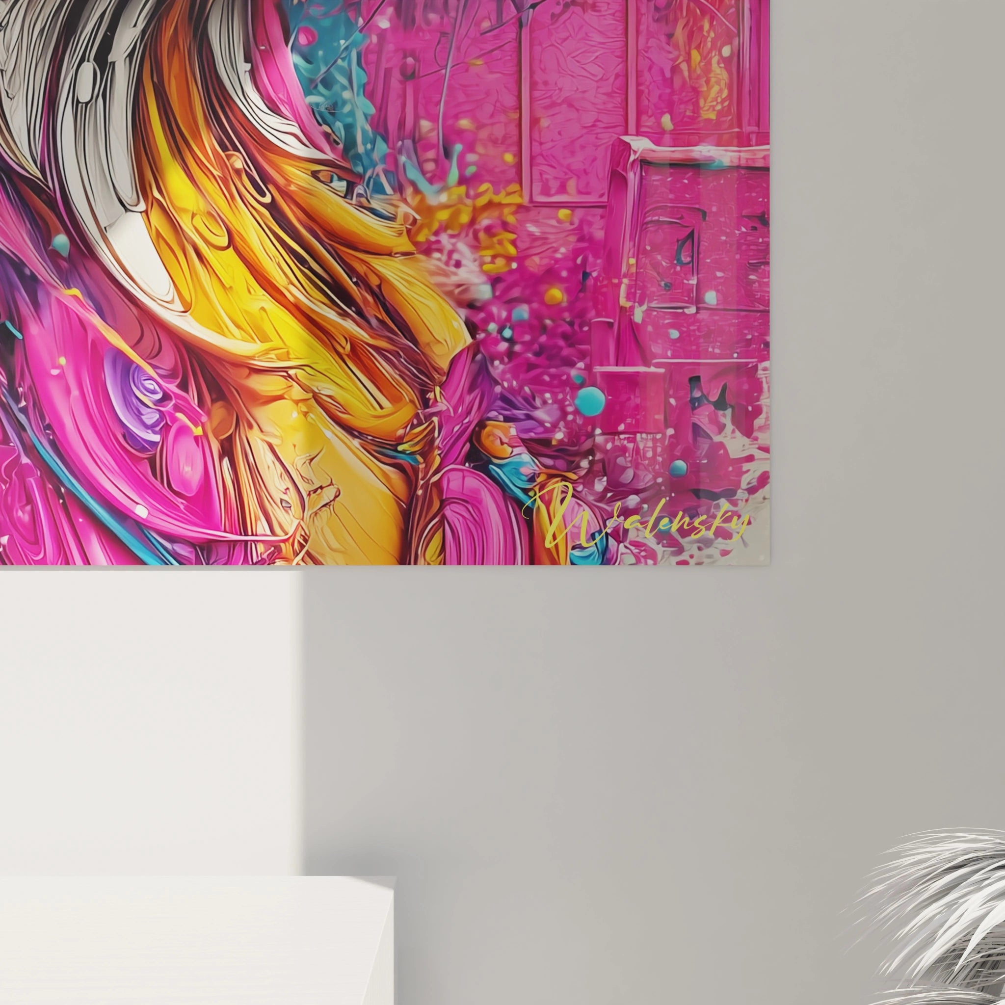 Vue d'ensemble tableau décoratif renard multicolore, œuvre d'art moderne pour salon