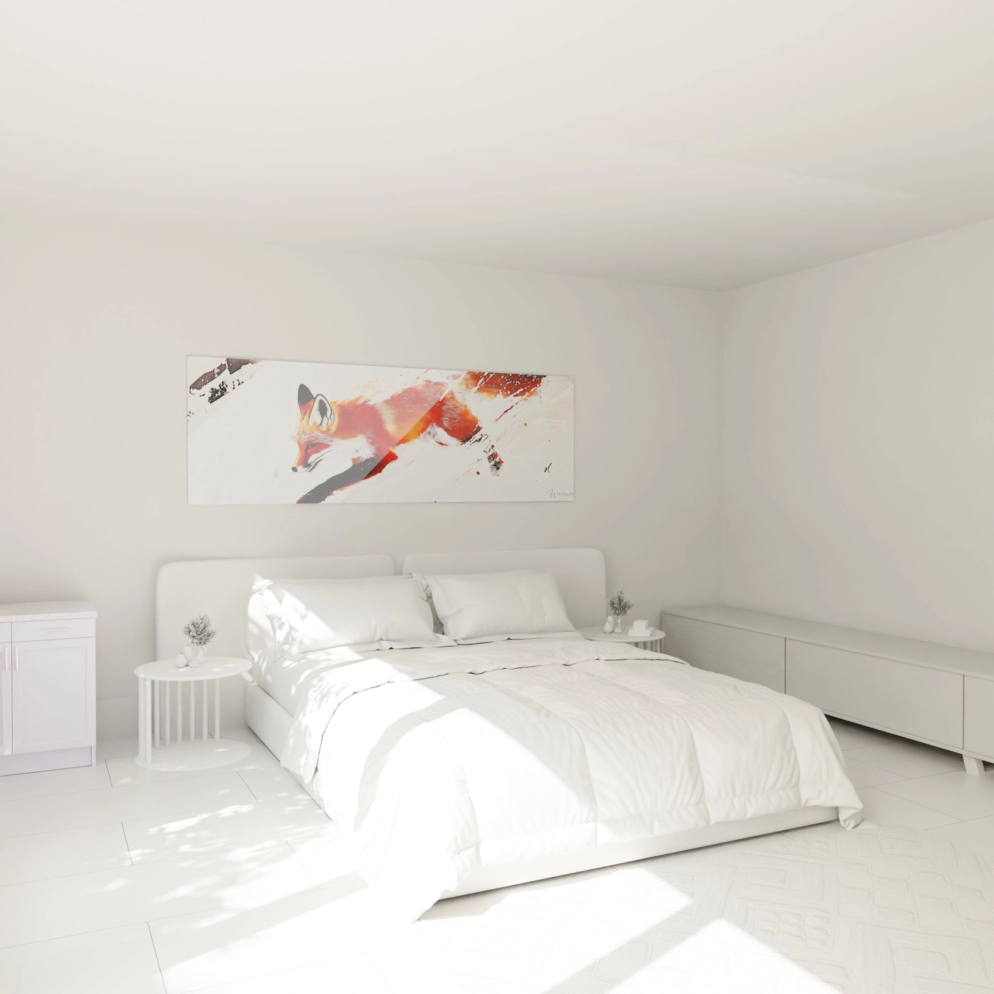 Tableau renard coloré Walensky suspendu au-dessus d'un lit dans une chambre minimaliste blanche