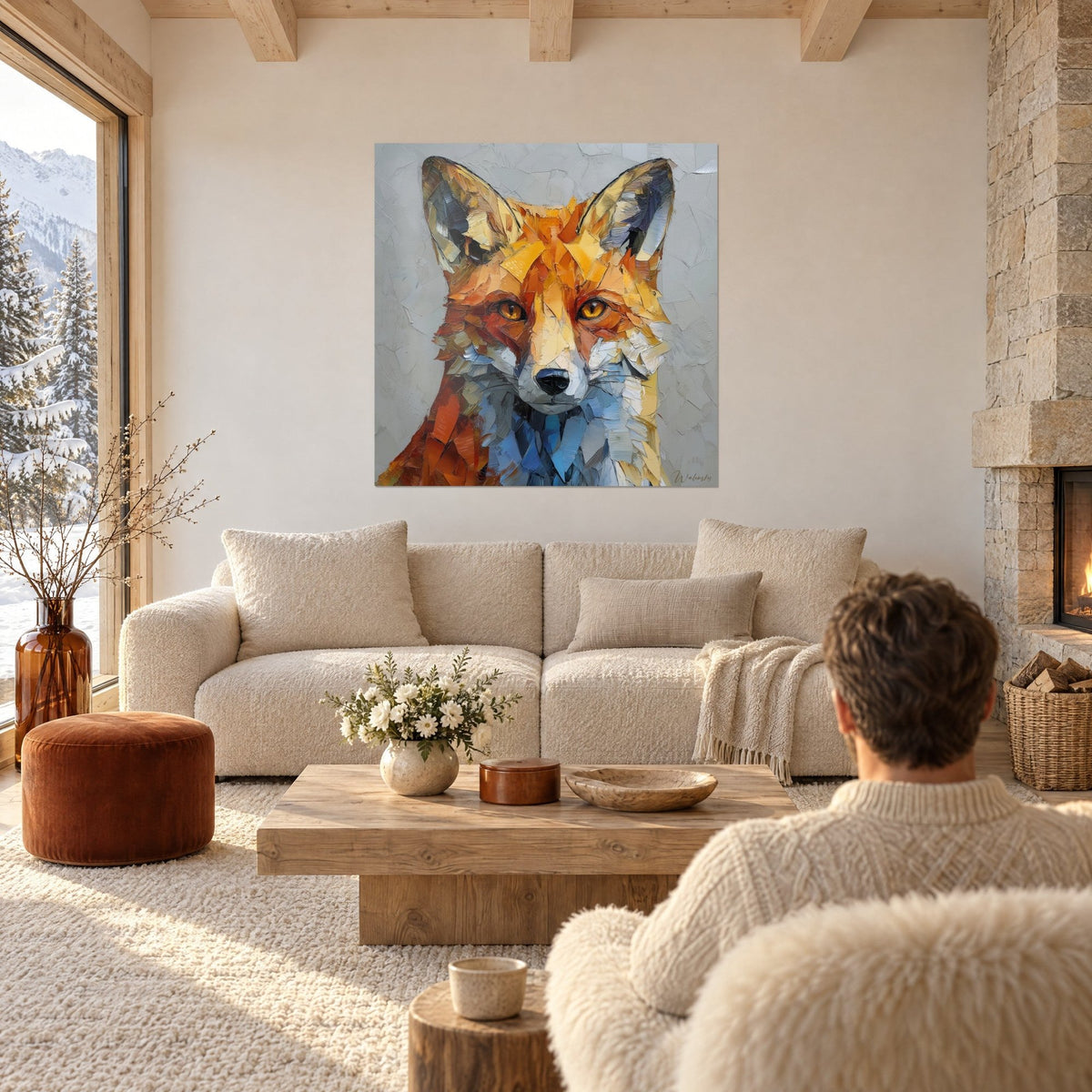 Gemälde Rotfuchs mit gelben Augen in orangen und blauen Farbsplittern, über einem Sofa in einem hellen Wohnzimmer