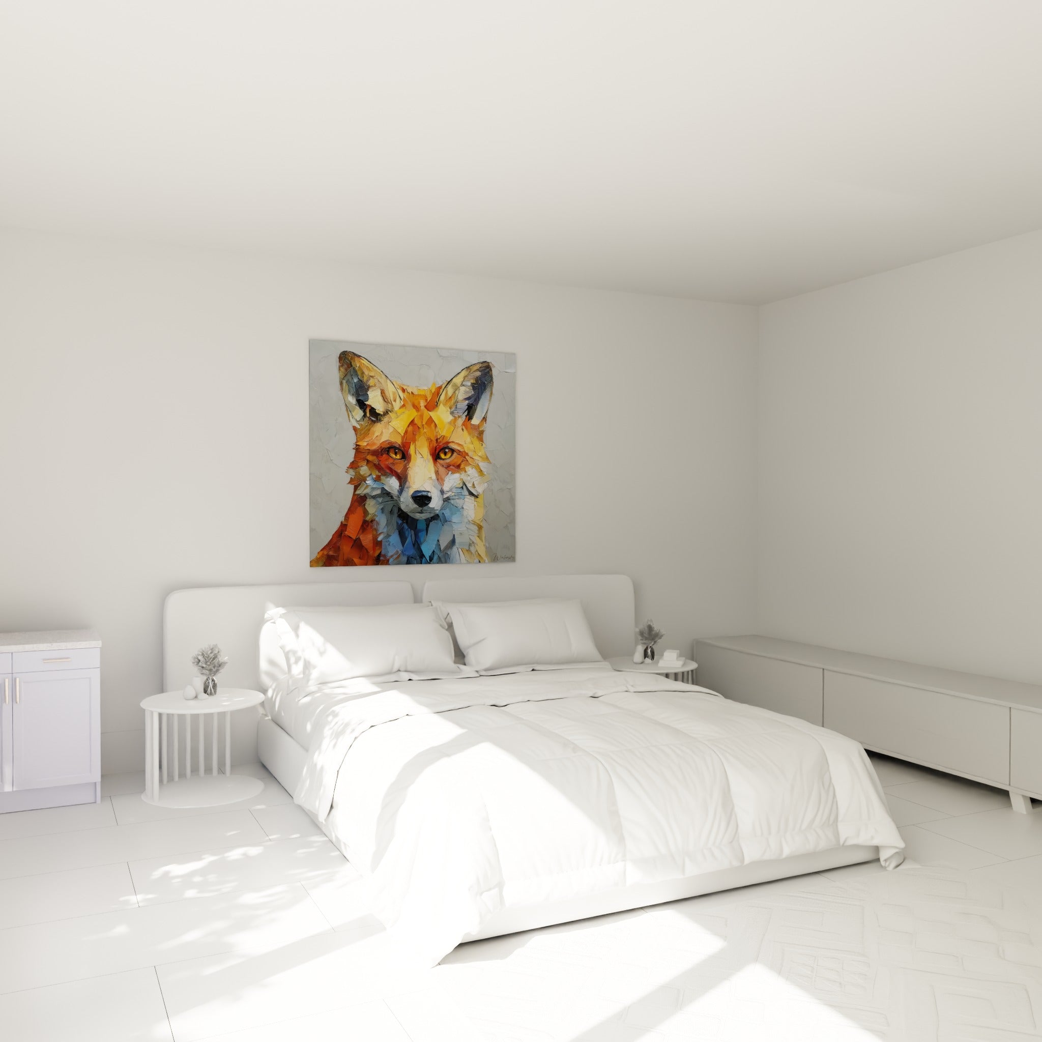 Museau blanc et yeux ambrés du renard, touches orangées et bleutées, au-dessus d'un lit dans une chambre claire