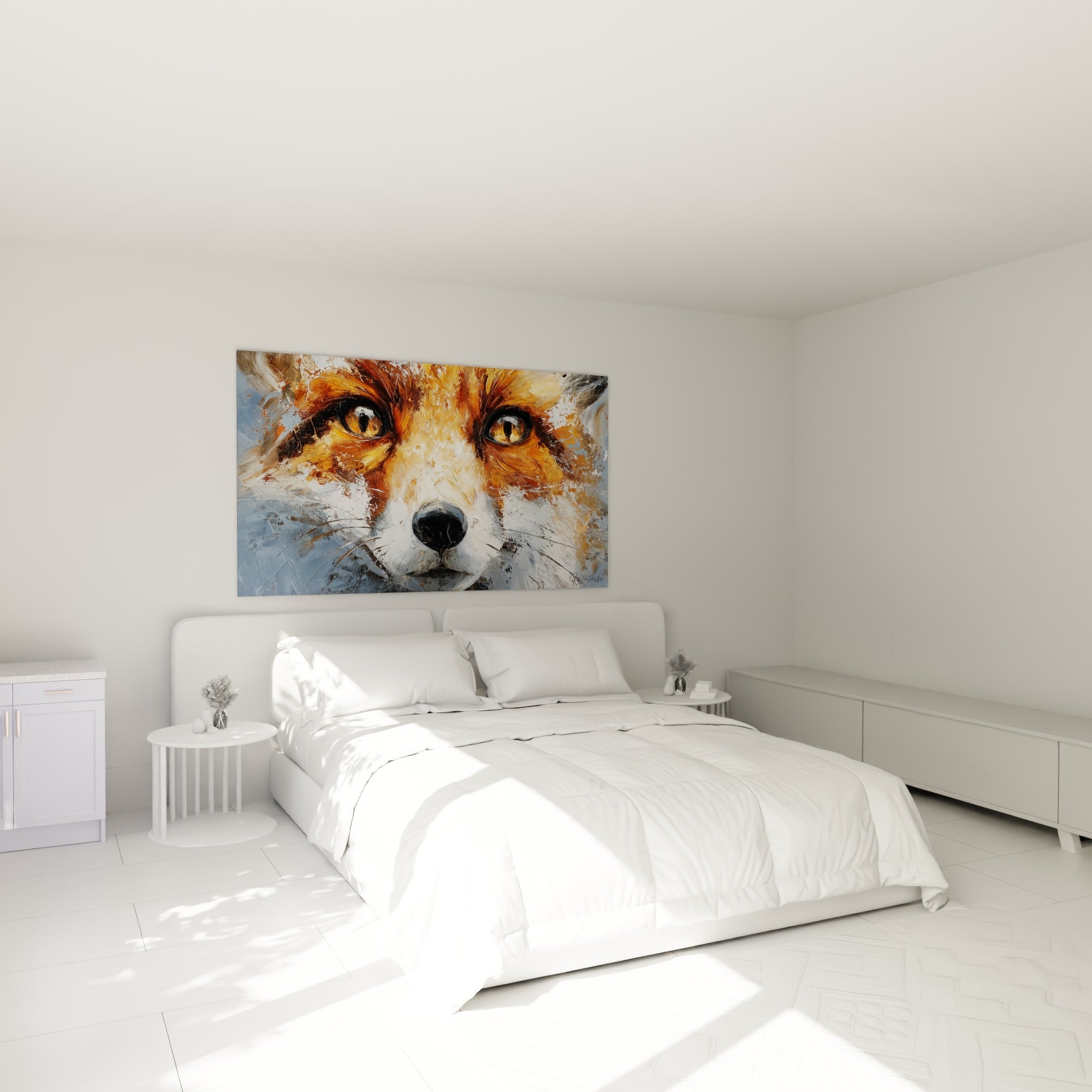 Museau de renard blanc et fauve accroché au-dessus d'un lit dans une chambre claire