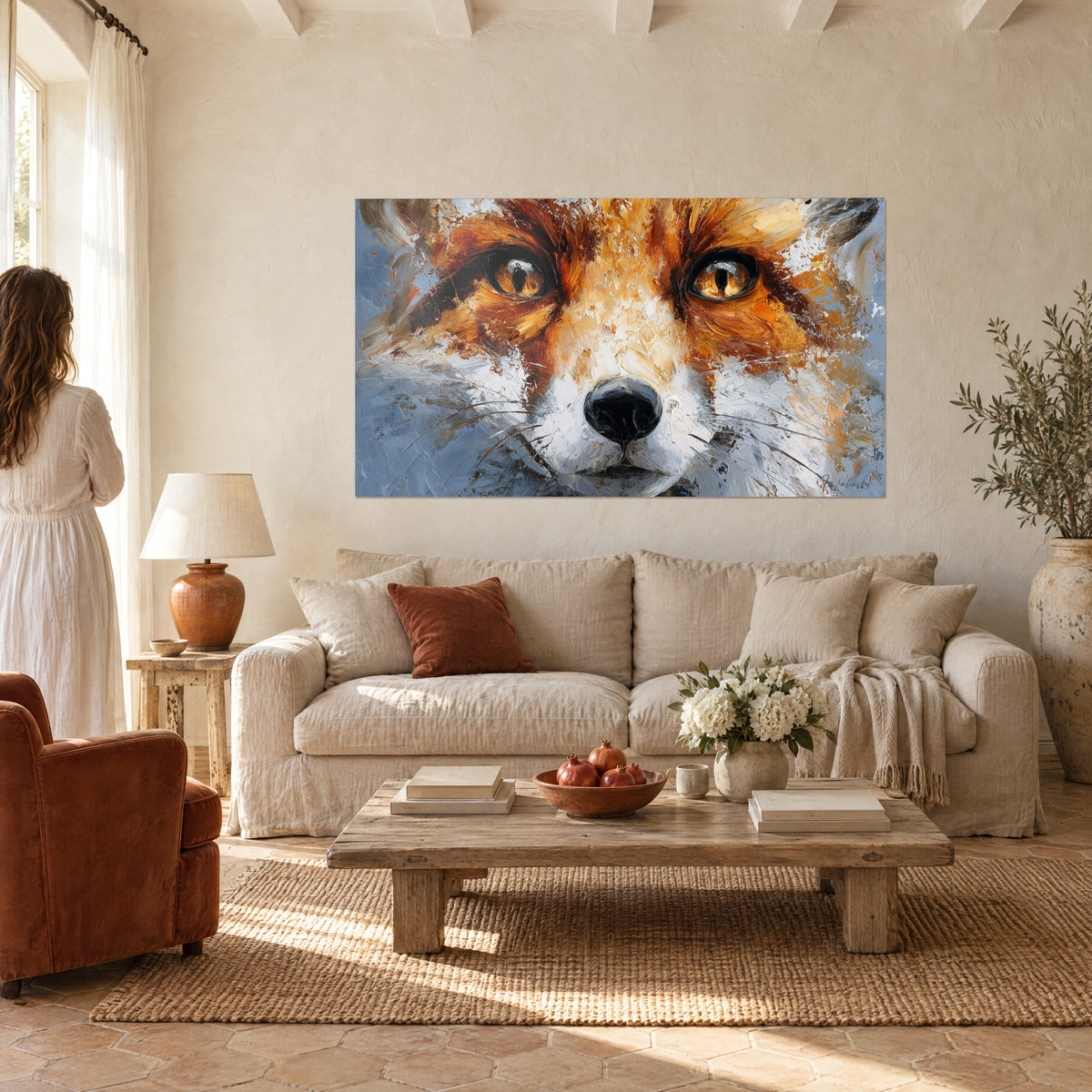 Quadro volpe rossa dal muso nero lucido, occhi ambrati fissi, pelo arancio e bianco su sfondo grigio-azzurro sopra un divano in un soggiorno luminoso