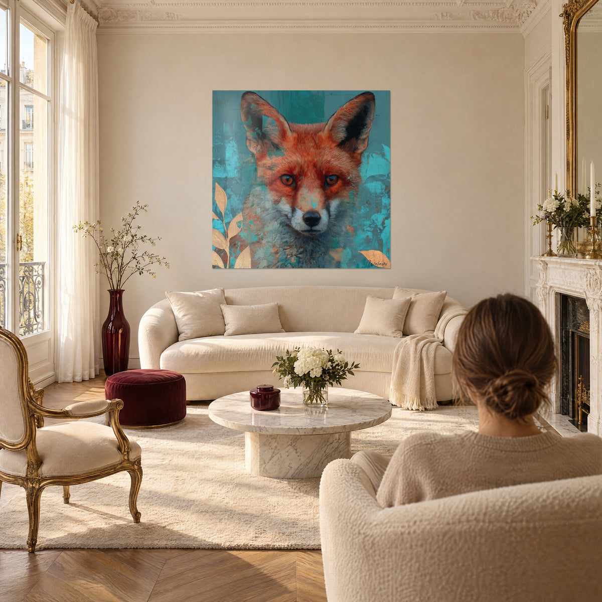 Gemälde Fuchs mit bernsteinfarbenen Augen auf türkisfarbenem Hintergrund, goldene Blätter unten, über einem Sofa in einem hellen Wohnzimmer