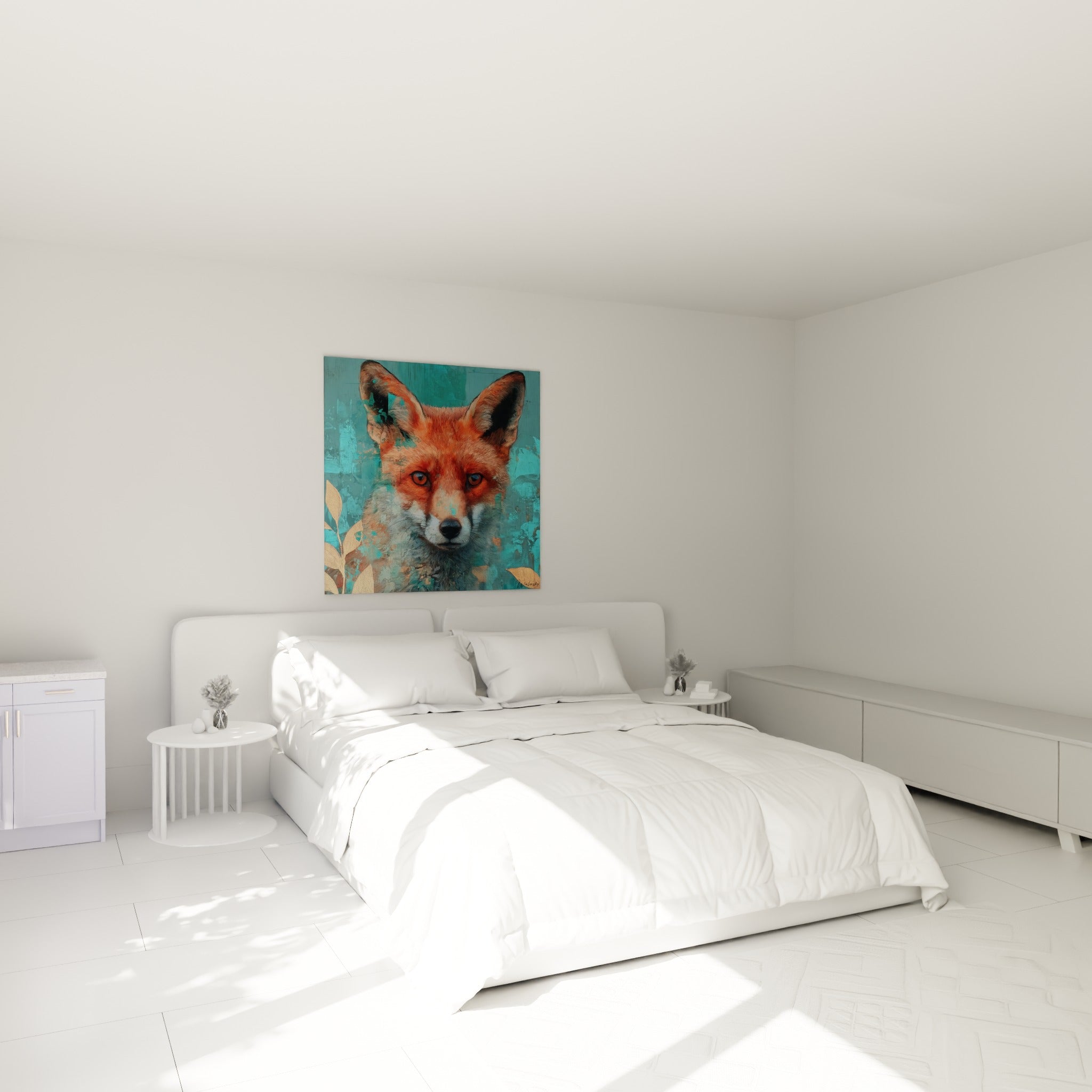 Museau blanc et pelage fauve du renard accrochés au-dessus d'un lit dans une chambre claire