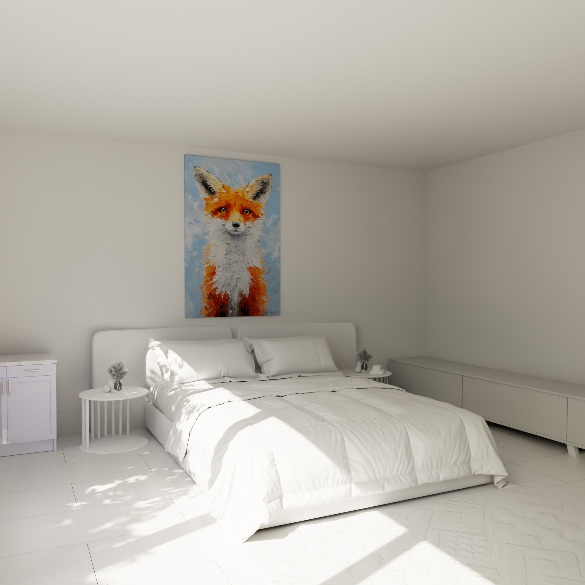Museau blanc et pelage fauve d'un renard peint au couteau, au-dessus d'un lit dans une chambre claire