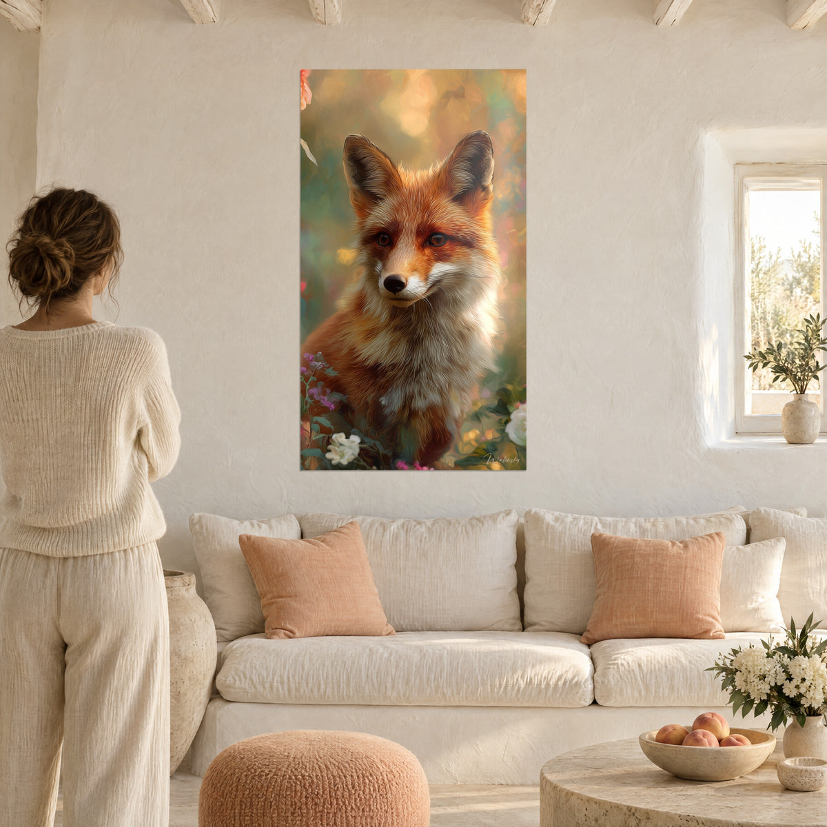 Cuadro zorro rojo de ojos ámbar, flores blancas y rosas en la parte inferior, fondo dorado, encima de un sofá en un salón luminoso