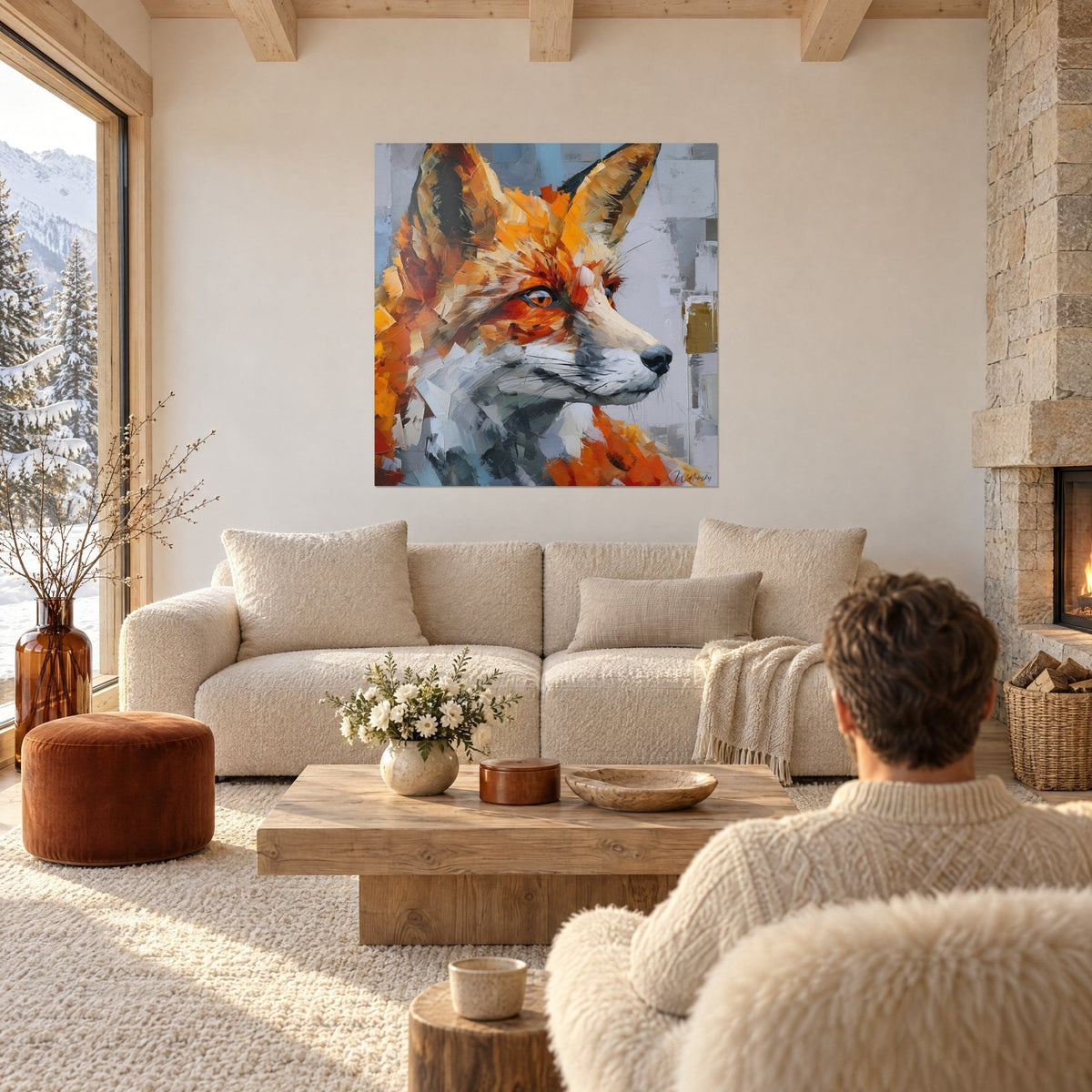 Wall art red fox with upright ears, orange and pearl grey brushstrokes, viewed by a couple above a sofa in a bright living room