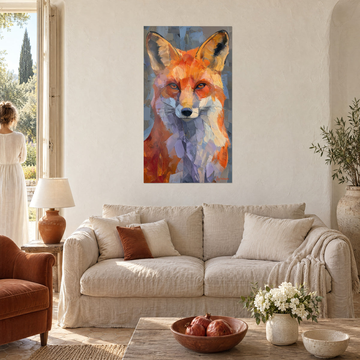 Gemälde Fuchs mit rotem Fell und weißer Schnauze, ockerfarbene Ohren, orangefarbenes und lilafarbenes Fell, über einem Sofa in einem hellen Wohnzimmer